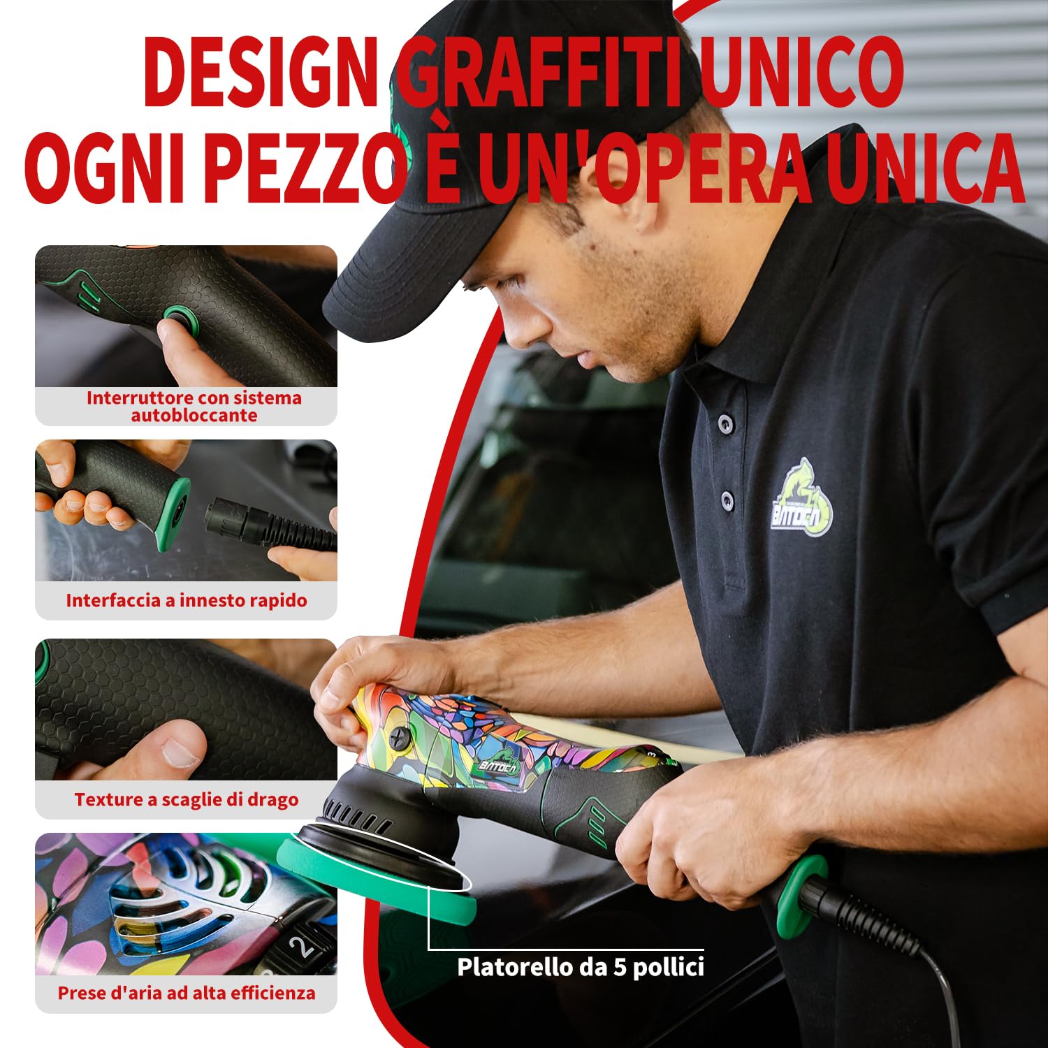 BATOCA P1 Lucidatrice per Auto Rotorbitale 1000W - Lucidatrice Eccentrica DA 125mm, Orbita 15mm, 6 Velocità 2500-5500 RPM, Cavo Rimovibile 5m per Lucidatura, Ceratura e Rimozione Graffi Auto e Moto