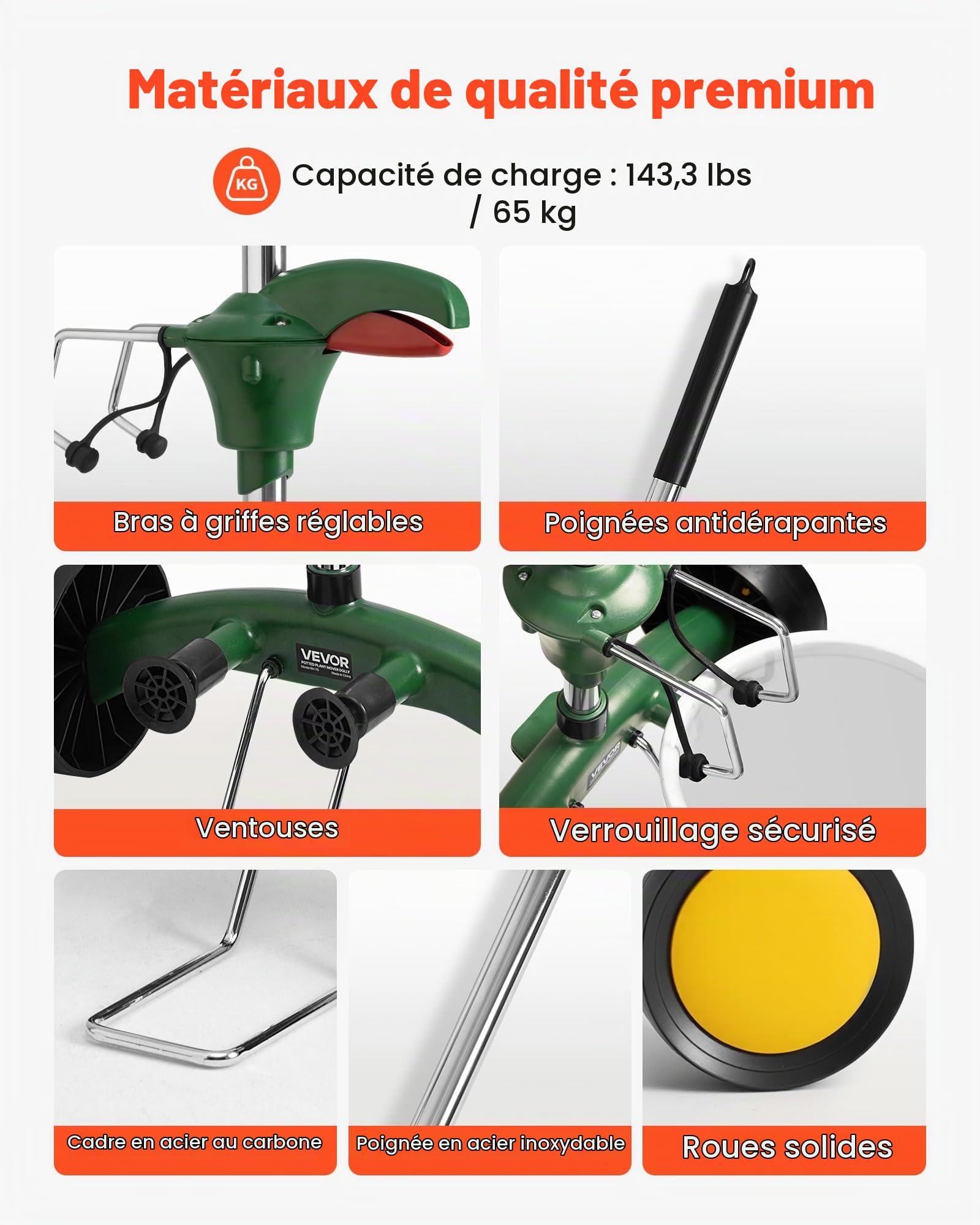 VEVOR Diable de Transport pour Plantes en Pot, Chariot Déplace Pots de Fleurs de Jardin Robuste, avec Bras à Griffes Réglable, Capacité Charge 65 kg, Verrouillage Sécurisé, pour Intérieur, Extérieur