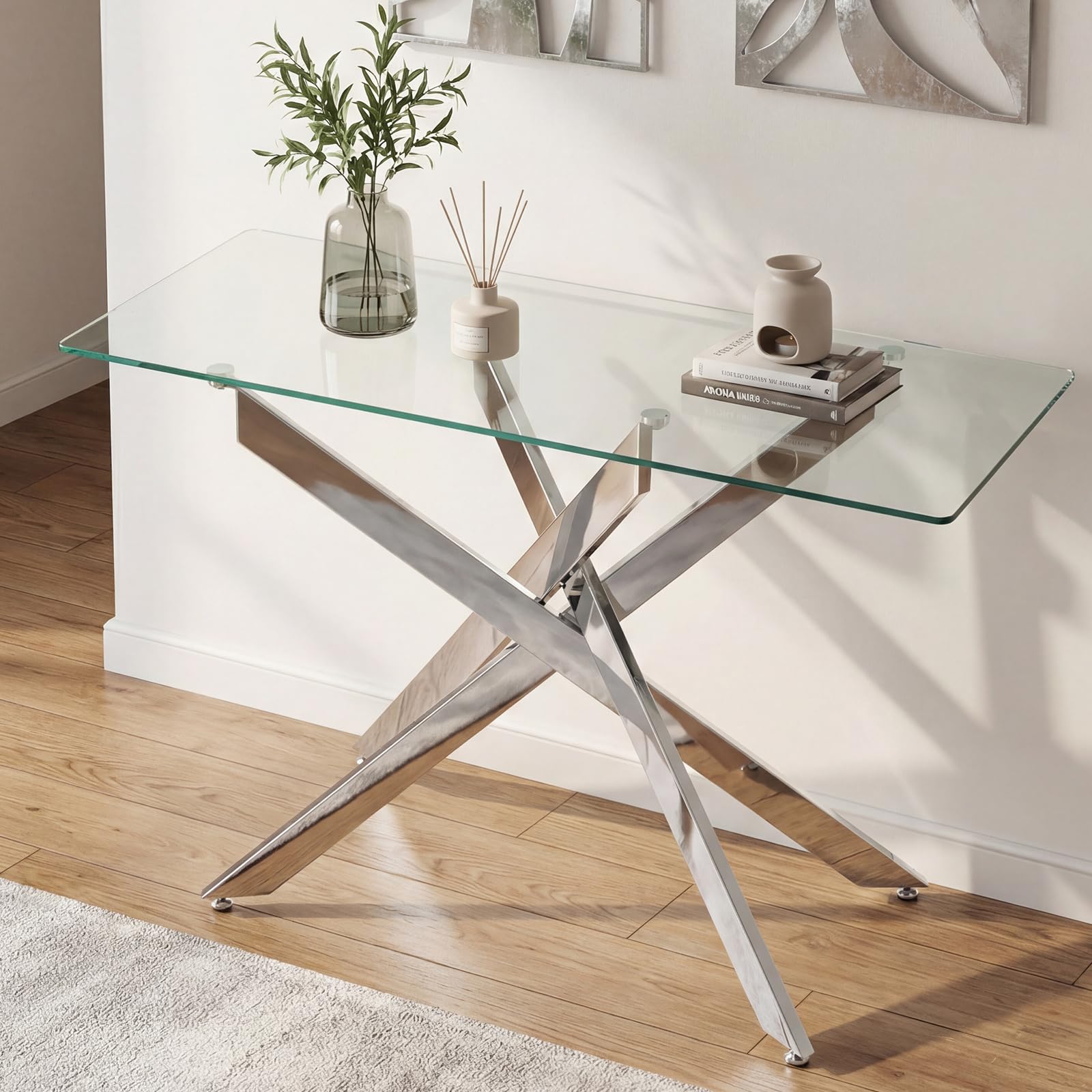 COSTWAY Consolle Ingresso in Vetro Temperato, Tavolo d'Ingresso con Gambe Incrociate in Metallo Placcato e Piedini Regolabili Antiscivolo, Tavolo per Corridoio, Entrata e Salotto (Argento)