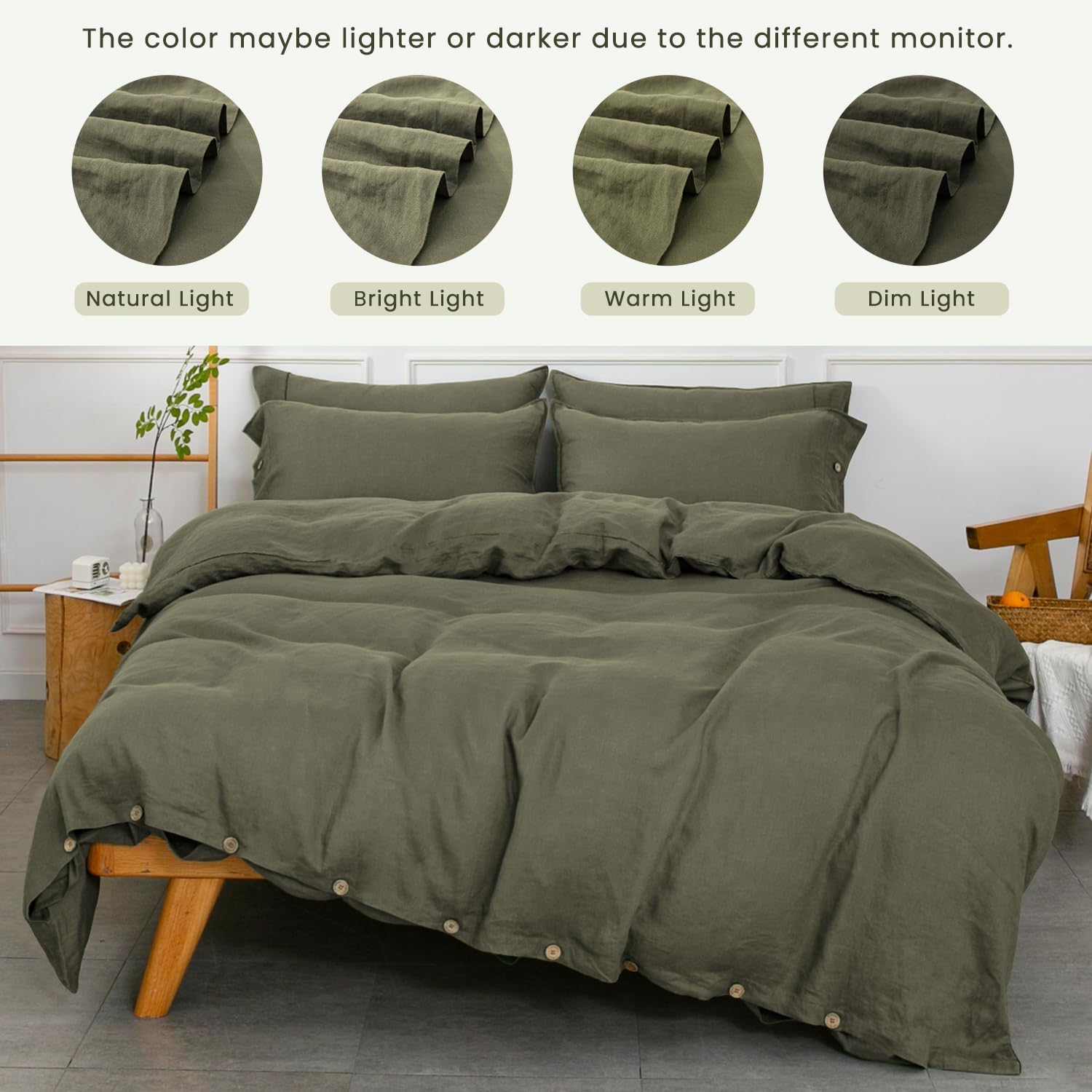 S VICTORY SYMBOL 100% Organic Linen Duvet Cover Set 3PCS King Size,Stone Washed Natural French Flax Bedding,1 Comforter Cover and 2 Pillowcases,Farmhouse Bedding Set(Burnt Olive)