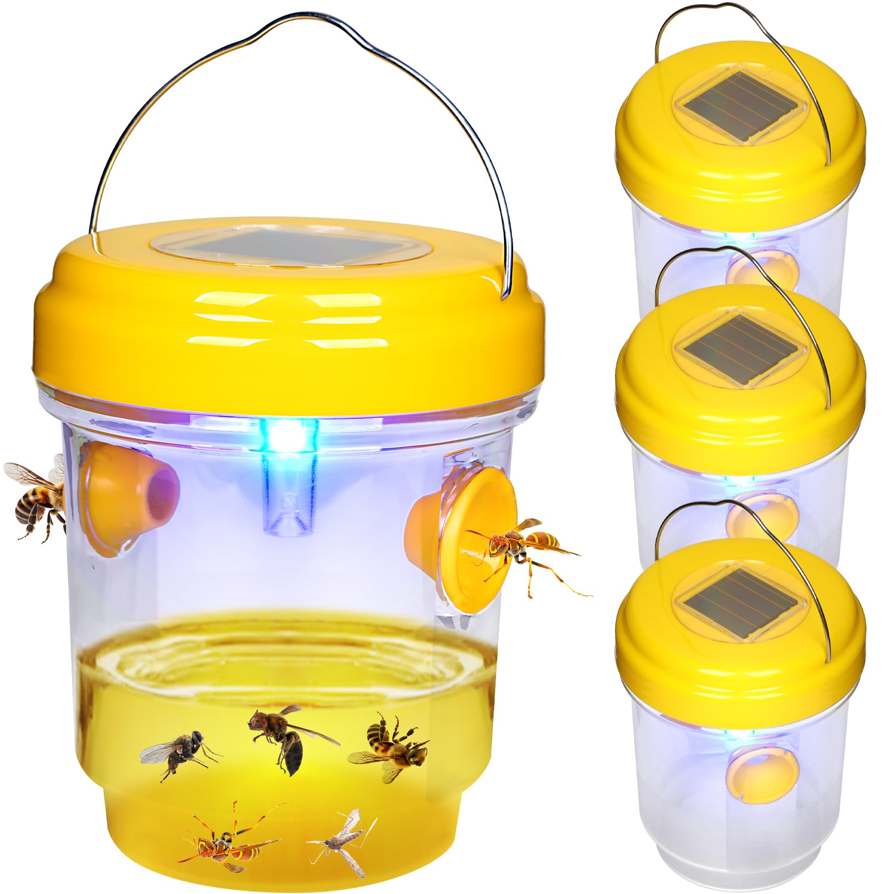 Wasp Traps Outdoor Hanging, Solar Bee Trap 4 Packs, 2026 Upgrade Yellow Jacket Trap, Carpenter Bee Traps for Outside, Flying Insect Trap Reusable