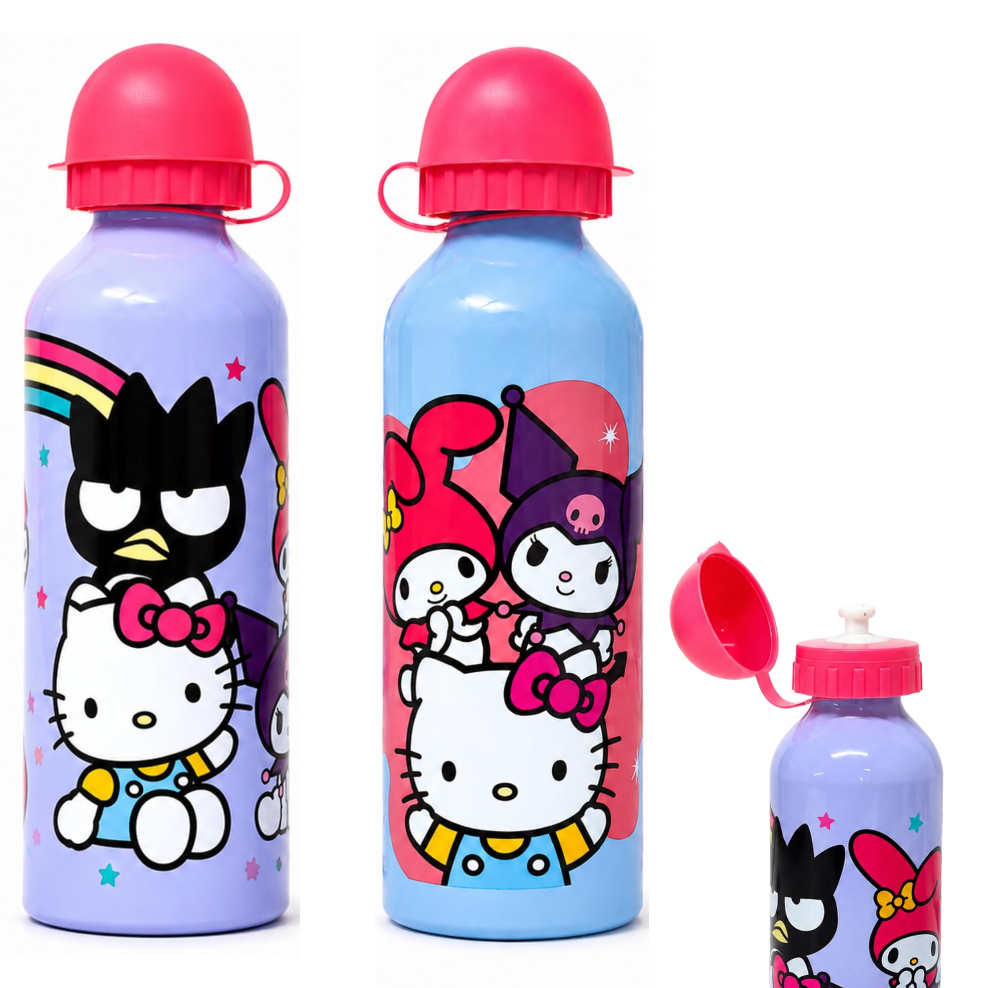 SRV Hub 2x Hello Kitty Rainbow Blue & Sky Blue Aluminium Bottle Set 500ml Kids Character Water Drinks Bottle Reusable School Travel