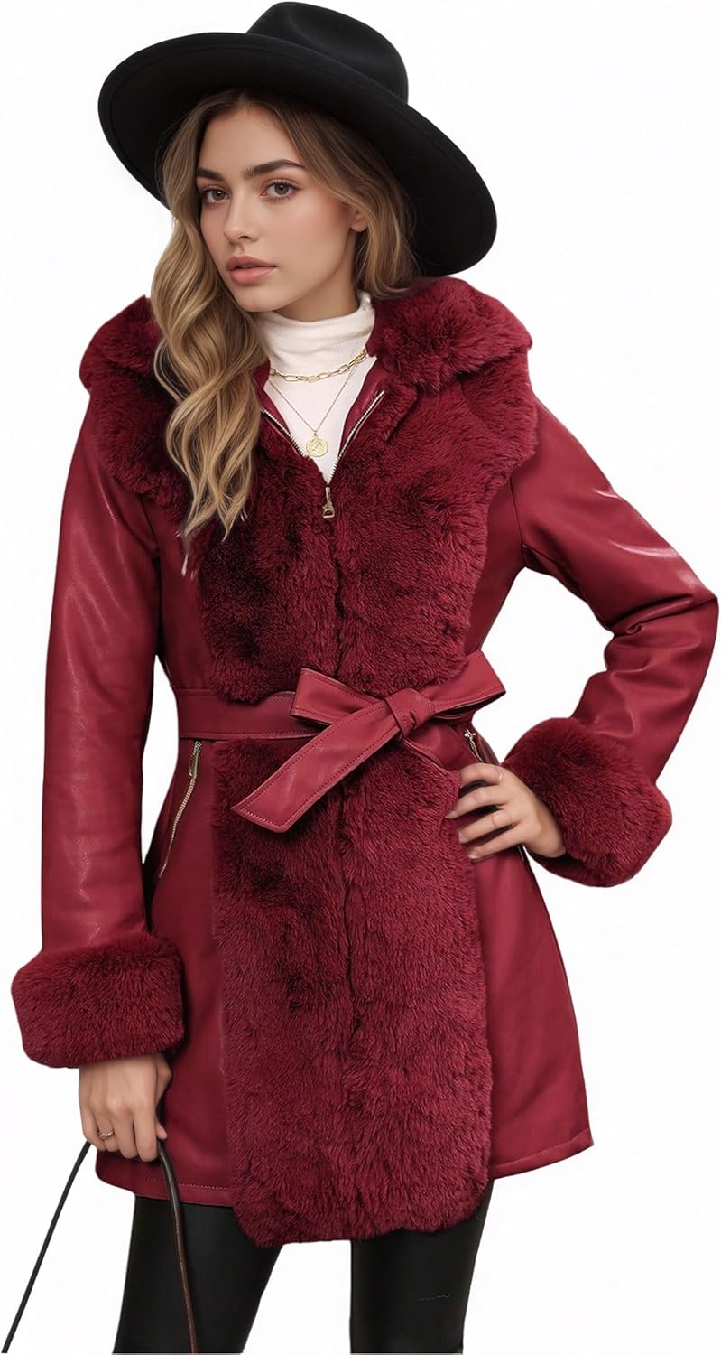 RISISSIDA Luxurious Women Winter Fur Lined Coat, Leather Jacket with Hooded Long Fur Collar, Thick Warm Heavy Overcoat Belted - Image 4