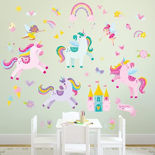 Miniatura 3 de DECOWALL DS9-2119 Calcomanías de pared de unicornio colorido de hadas arco iris para niños, calcomanías extraíbles para niñas, cuarto de bebé,