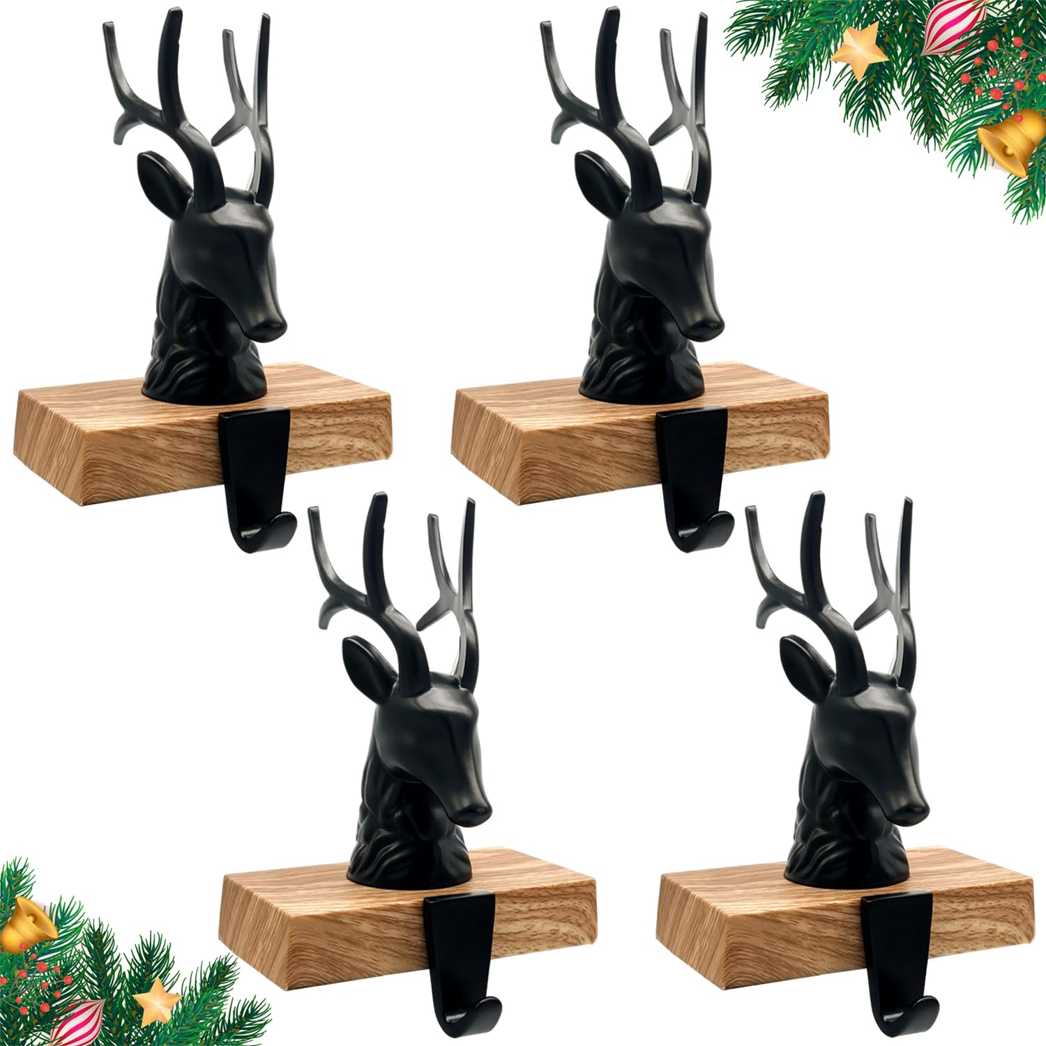 Set of 4 Christmas Stocking Holders for Mantle 3D Reindeer Xmas Fireplace Stocking Hangers Metal Deer with Non-skid Base Hanging Hooks Stocking Holders for Fireplace Free Standing Christmas Decoration