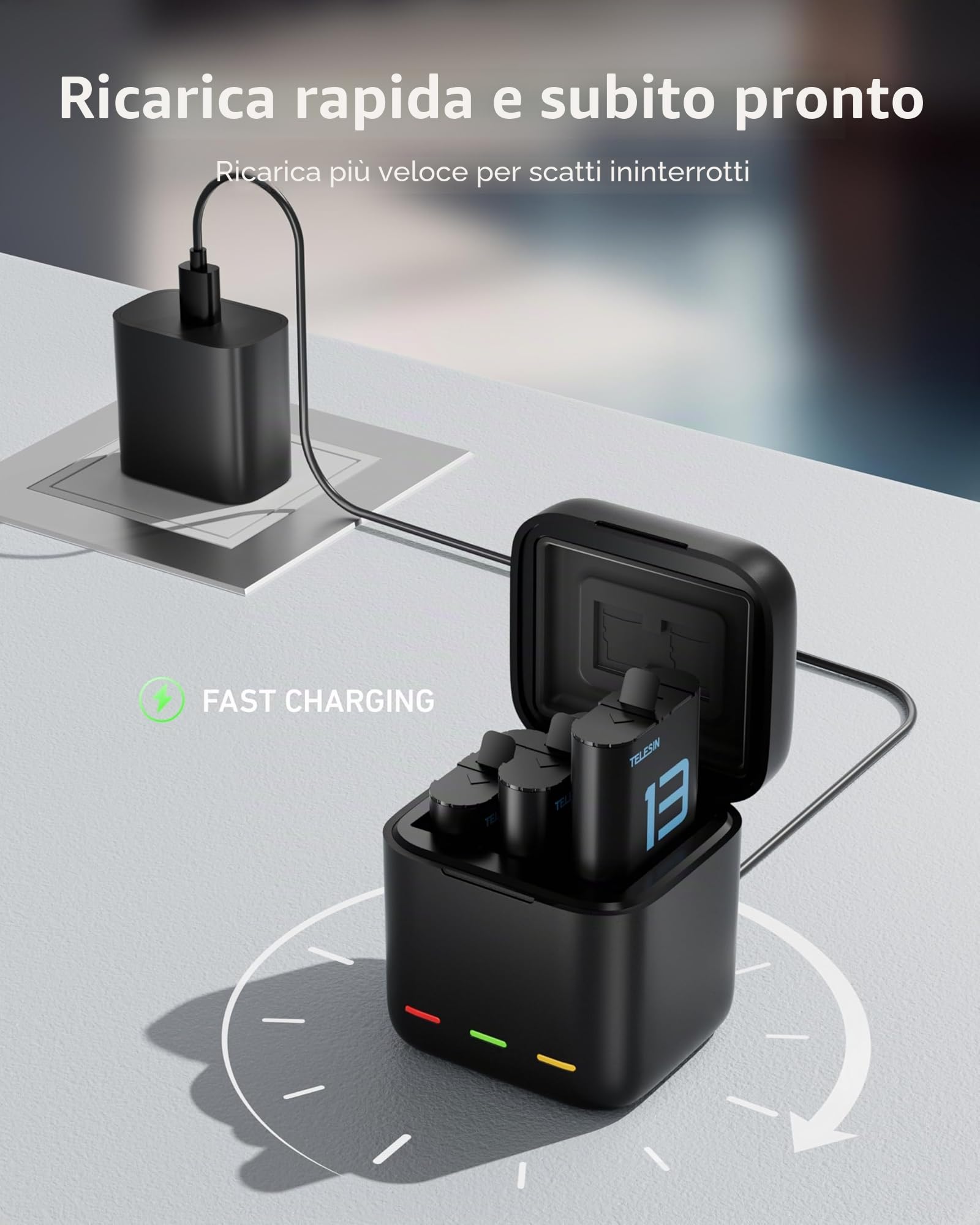 TELESIN Confezione da 2 batterie con caricatore per GoPro Hero 13 Black, batterie a lunga durata come quelle originali + custodia di ricarica Fast Charge per accessori Go Pro 13 Black