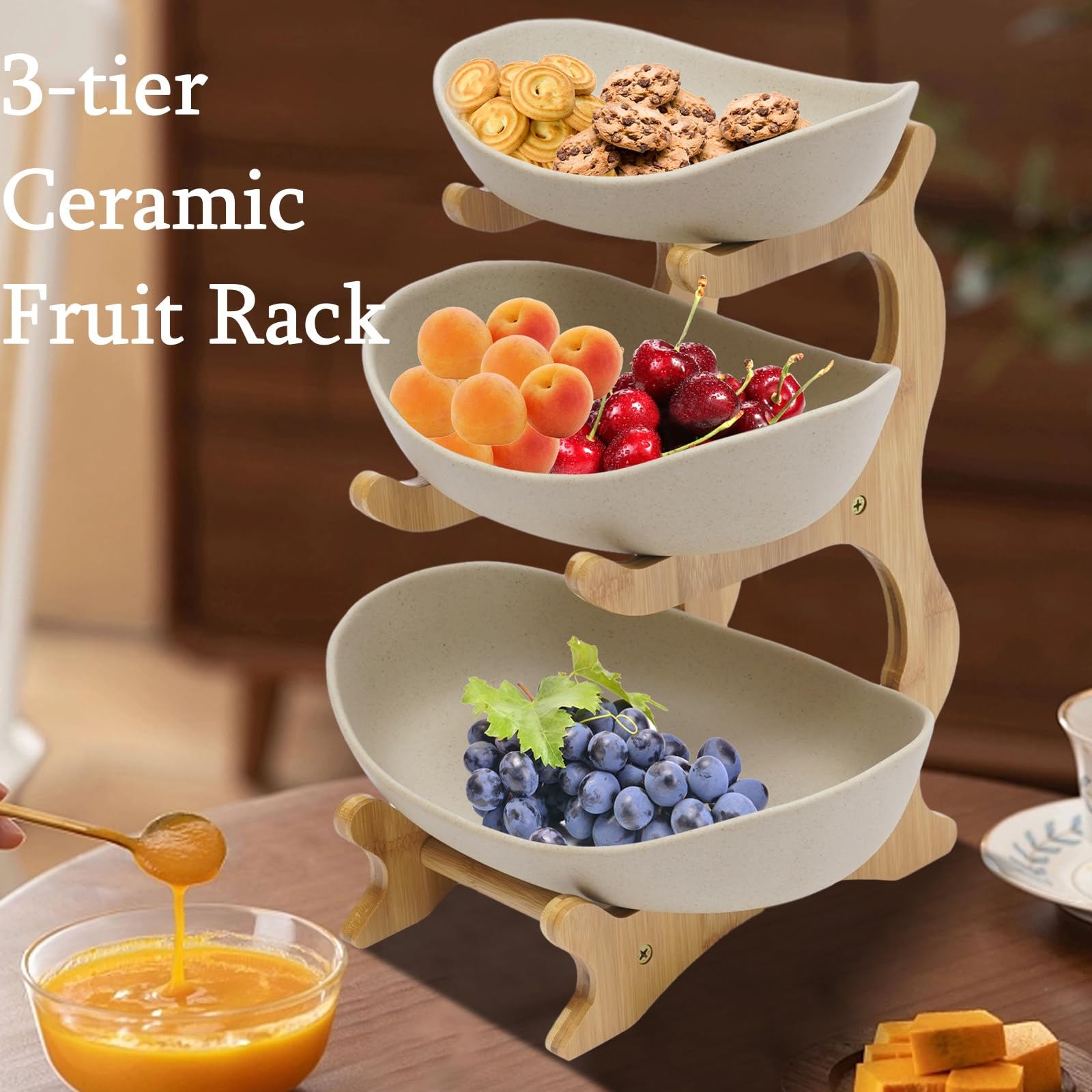 GXFCHYL 3 Tier Ceramic Fruit Bowl for Kitchen Counter Fruit Plate with Bamboo Wooden Frame 3-Tier Brown Fruit Rack Tiered Fruit Basket Vegetables Storage Stand (Brown, Earthy Color)