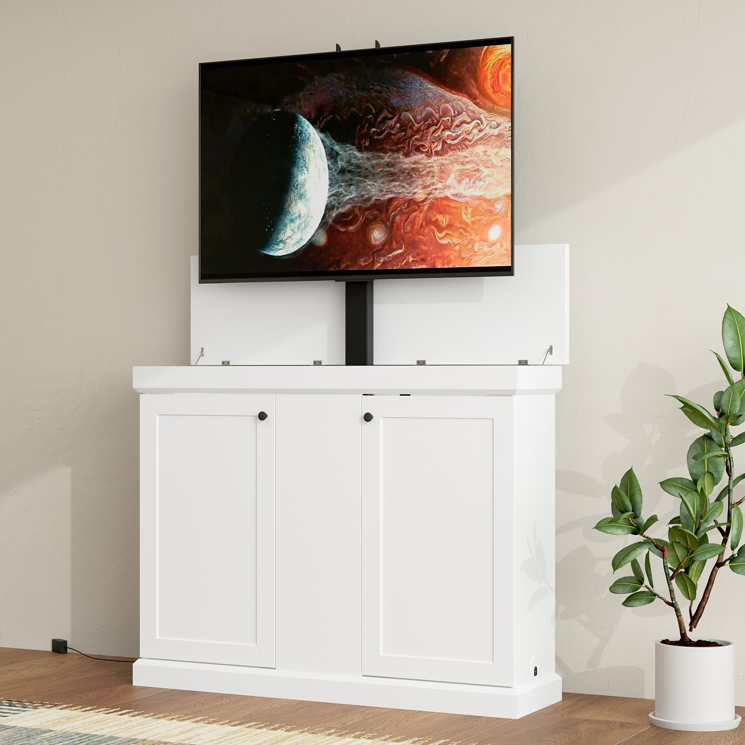 MOUMON Modern TV Lift Cabinet in white, closed