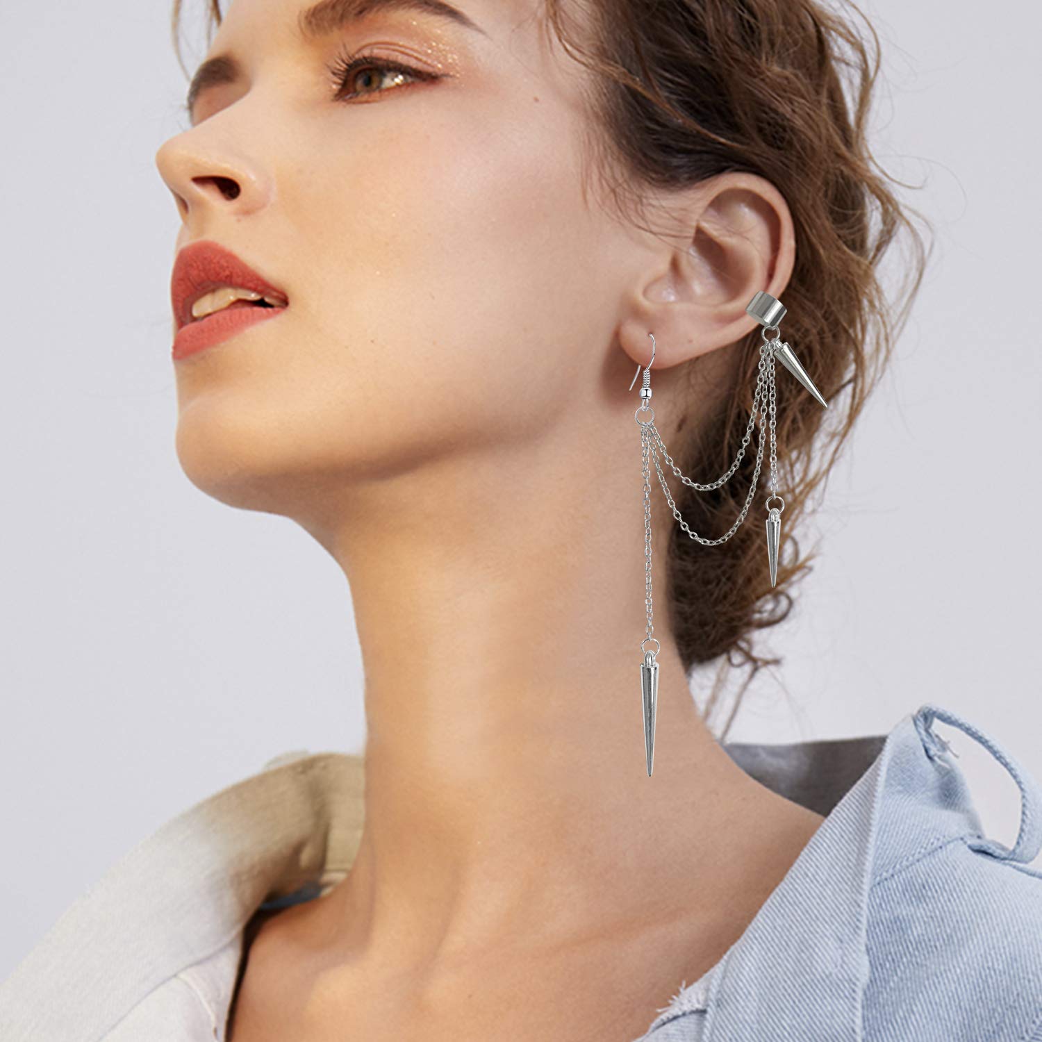 Aretes de cadena larga con borla larga estilo punk negro 316L, estilo vintage, steampunk, engranaje, clavos, trepadores, colgantes, para hombres y mujeres, unisex, Metal, N/P 5