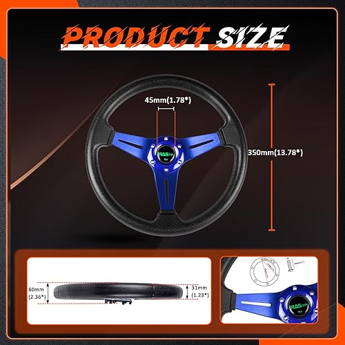 Vista 33 de Rastp Volante de carreras universal de 13.8 pulgadas, 6 pernos, agarre de material de espuma de poliuretano y aluminio con botón de claxon para Rojo