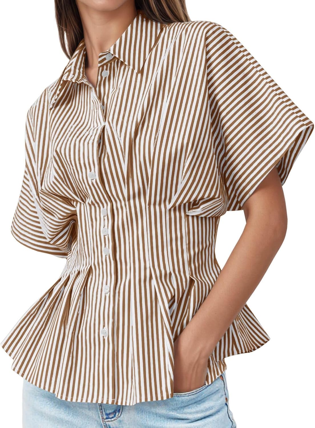 Tankaneo Womens Striped Peplum Button Down Shirts Short Sleeve Pleated Tops Summer Business Casual Blouses