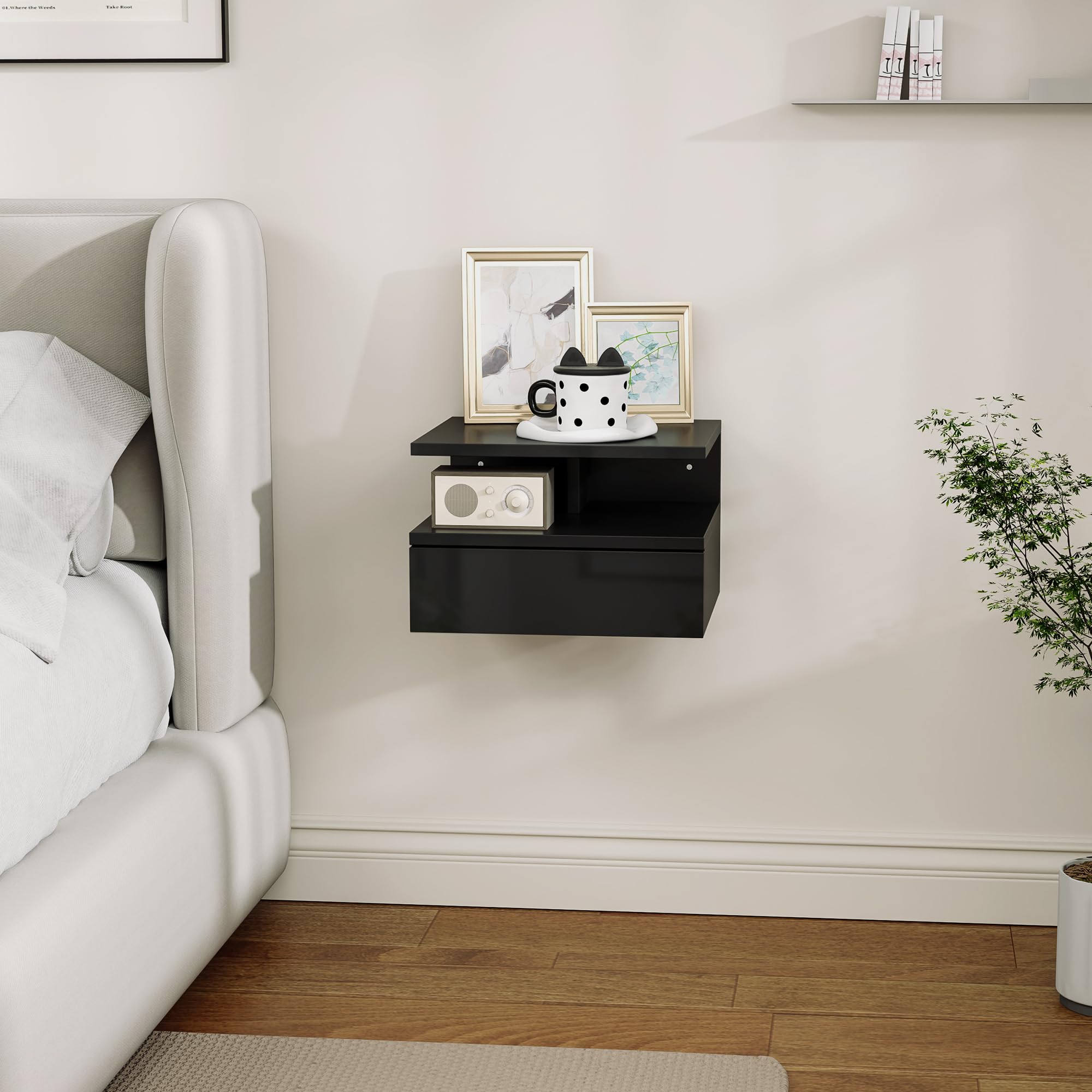 HOMCOM Comodino Sospeso Salvaspazio 35x32x22.5cm Nero Lucido