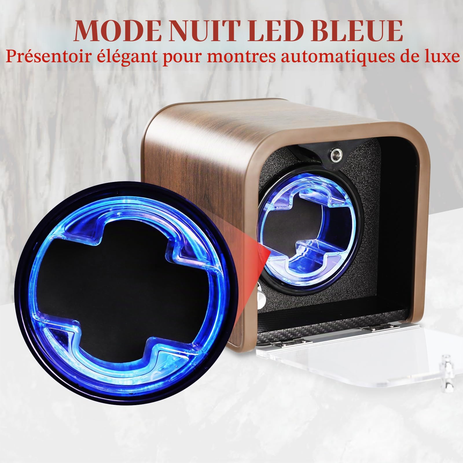 GAIN EXPRESS Remontoir Montre Automatique, Simple Tourne Montre avec 4 Modes de Rotation Remontoir avec Éclairage LED Bleu, Rembourrage en Mousse, Boîte de Rangement pour Montres Automatiques