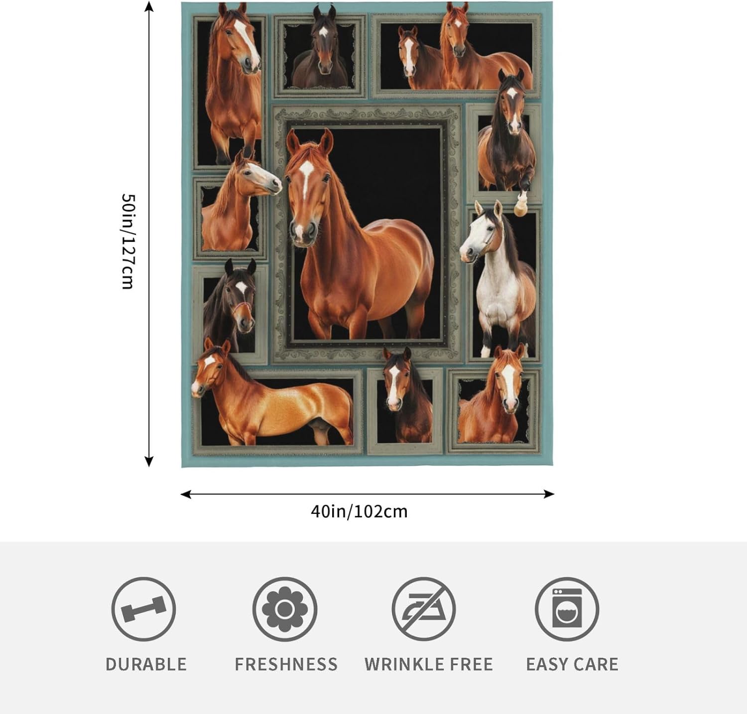Horse Flannel Blanket – Soft & Warm Fleece Throw with Realistic Horse Collage Print, Cozy Bed or Couch Blanket, Gift for Equestrian Lovers, Home Decor - 50"x40"