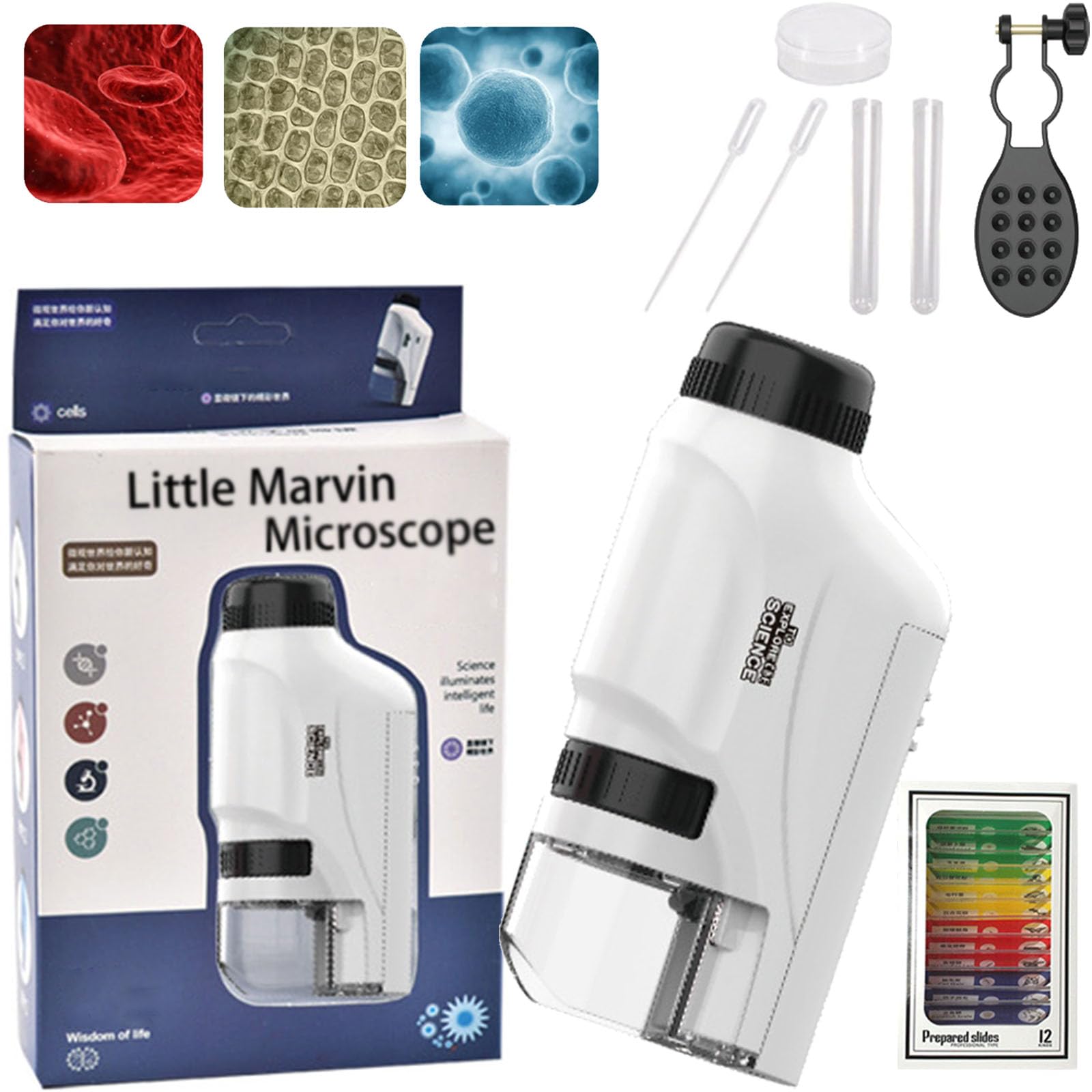 The Little Marvin Microscope, 2024 Best Little Marvin Microscope, Portable Handheld Pocket Marvin Scope, Mini Explorer Microscope Toy for Kids 8-12 with LED Light 60X-120X & 12pcs Slides (White)
