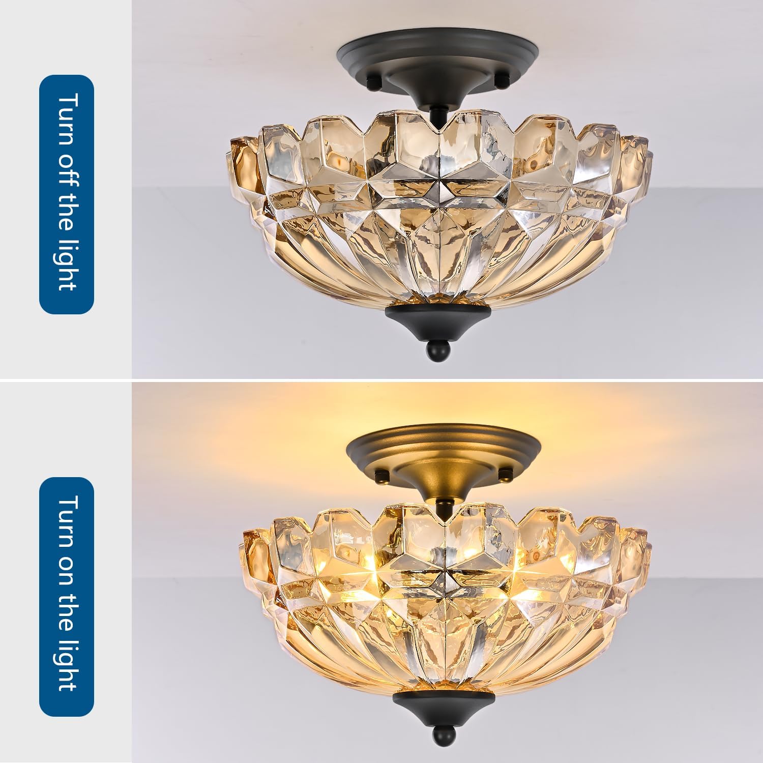 Dalouguan Semi Flush Mount Ceiling Light, 3-Light Kitchen Ceiling Lighting Fixtures with Amber Glass Lampshade, Gold Modern Chandelier for Living Room Bedroom Hallway
