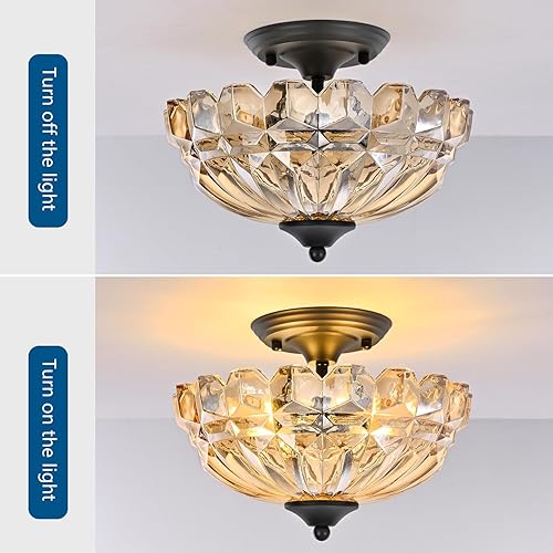 Miniatura 6 de Lámpara de Techo Semiempotrada, Accesorios de Iluminación de Techo de Cocina de 3 Luces con Pantalla de Vidrio Ámbar, Candelabro Moderno Dorado para