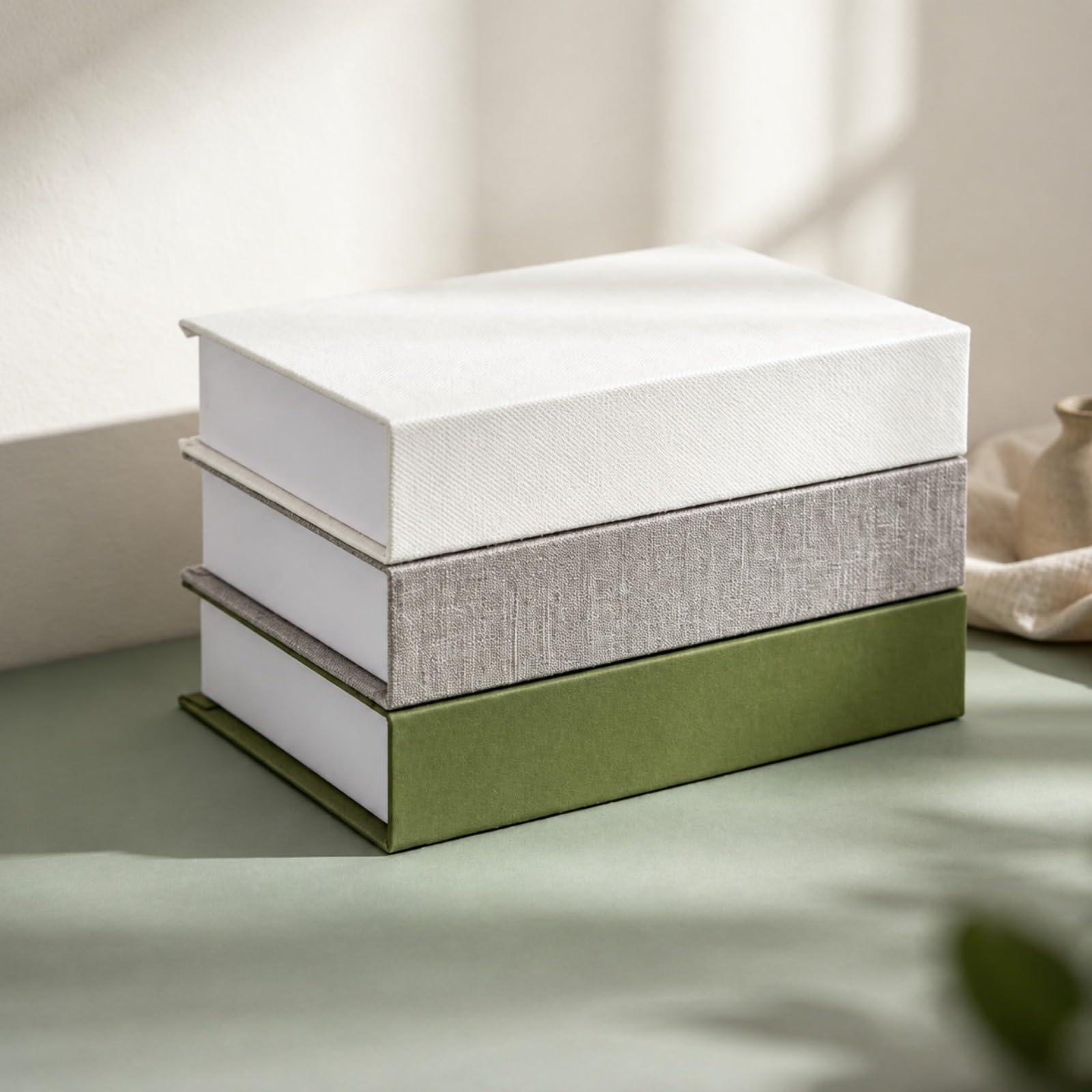 Tioncy 3 Pcs Decorative Linen Faux Book Box Set, Small Size, Olive Green