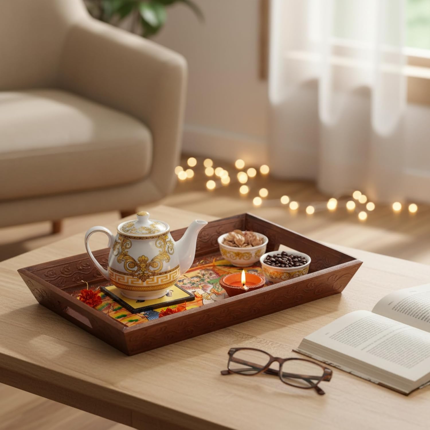 Swadeshi Blessings Wooden Serving Tray Set- Handcrafted & Hand-Painted for Kitchen/Table & Home Decor/Dinning/Gifts/Restaurants/Living Room/Coffee Table (Set of 3 Trays) (Brown)