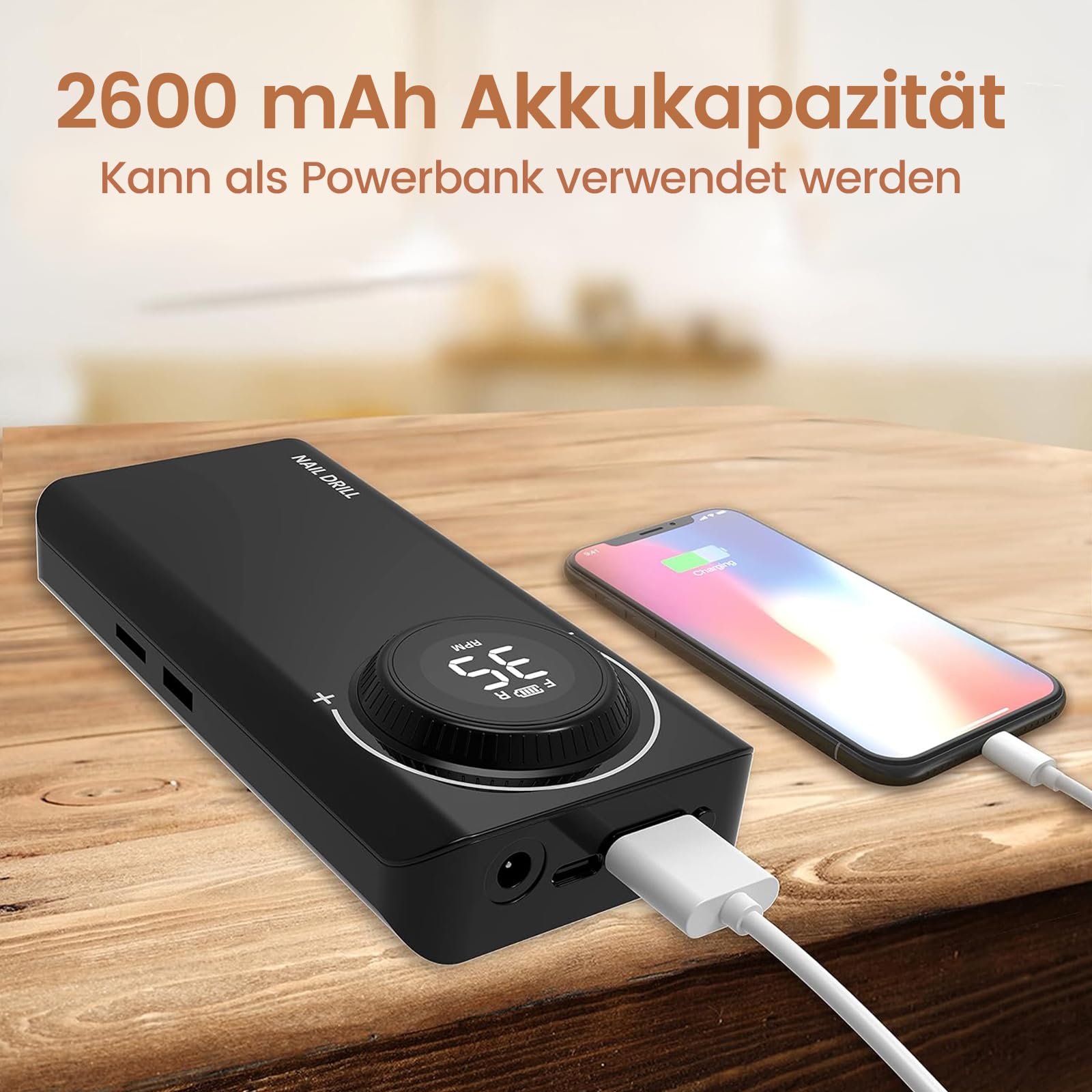 Nagelfräser Akku, Maniküre Set Elektrische Nagelfeile 35000 U/Min, Delanie Nagelfräser Für Gelnägel Acrylgel Nagelhaut Entferner, Pediküre Nageldesign mit LED-Anzeige USB-Aufladung -Schwarz