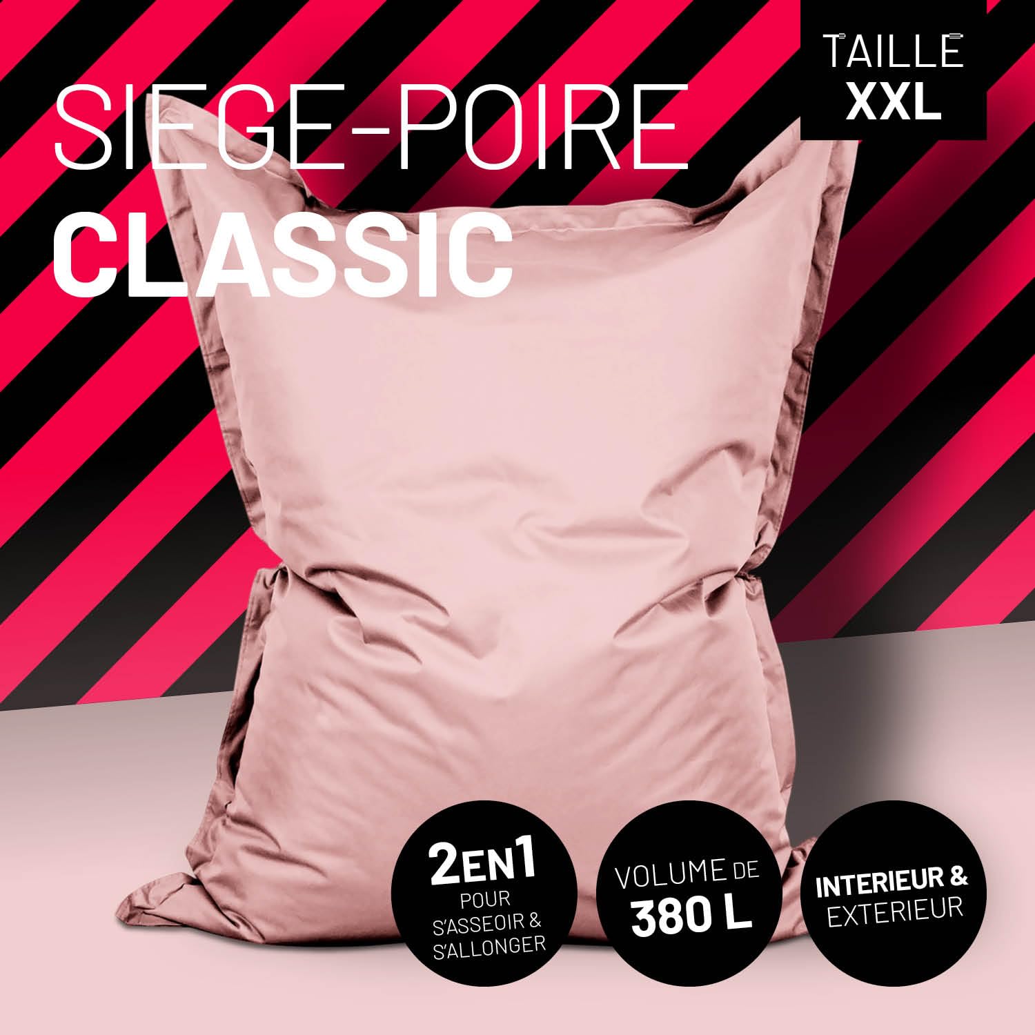 Lumaland Pouf géant XXL 140 x 180 cm | Coussin de couchage imperméable pour l'intérieur et l'extérieur avec plus de 3 millions de perles EPS adaptatives | Bean Bag avec housse lavable [Rose pastel]