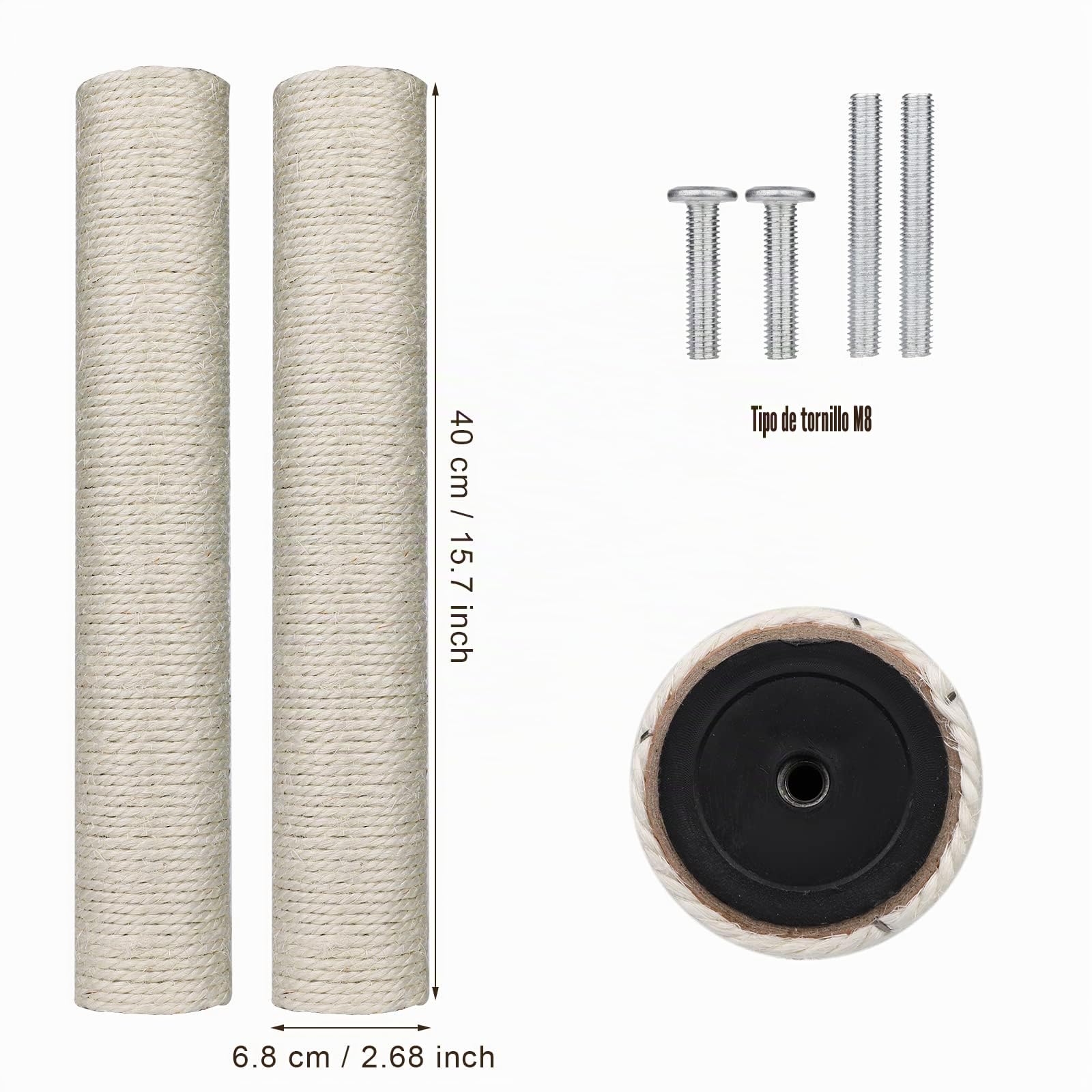 SAVITA 2 Piezas Rascador de Repuesto Gatos, 40cm Poste de Rascador de Árbol de Gato con 4 Tornillos M8 Postes de Repuesto de Sisal Natural para Gatitos Torre de Árbol de Gato