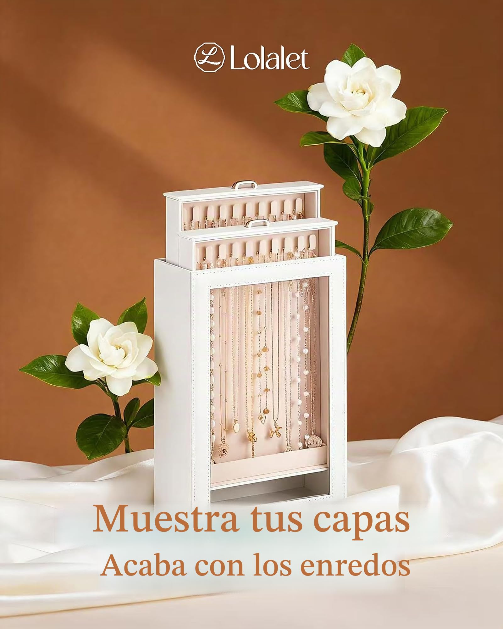 Lolalet Organizador de Collares Vertical，Caja para Collares con 2 Cajones Extraíbles,2 Capas y 20 Ganchos,Almacenamiento Antienredos para Collares,Pulseras y Accesorios,Ocupa Poco Espacio-Blanco