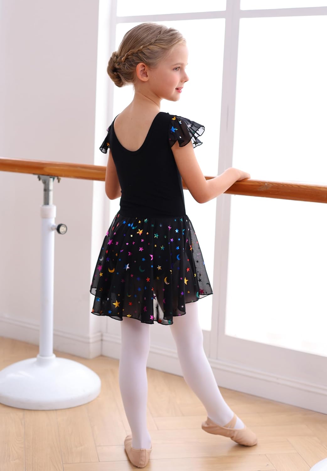 MdnMd Dance Ballet Leotard with Star Moon Sequins Skirt for Toddler Girls Ballerina Dress Outfit Ruffle Sleeve - Image 6