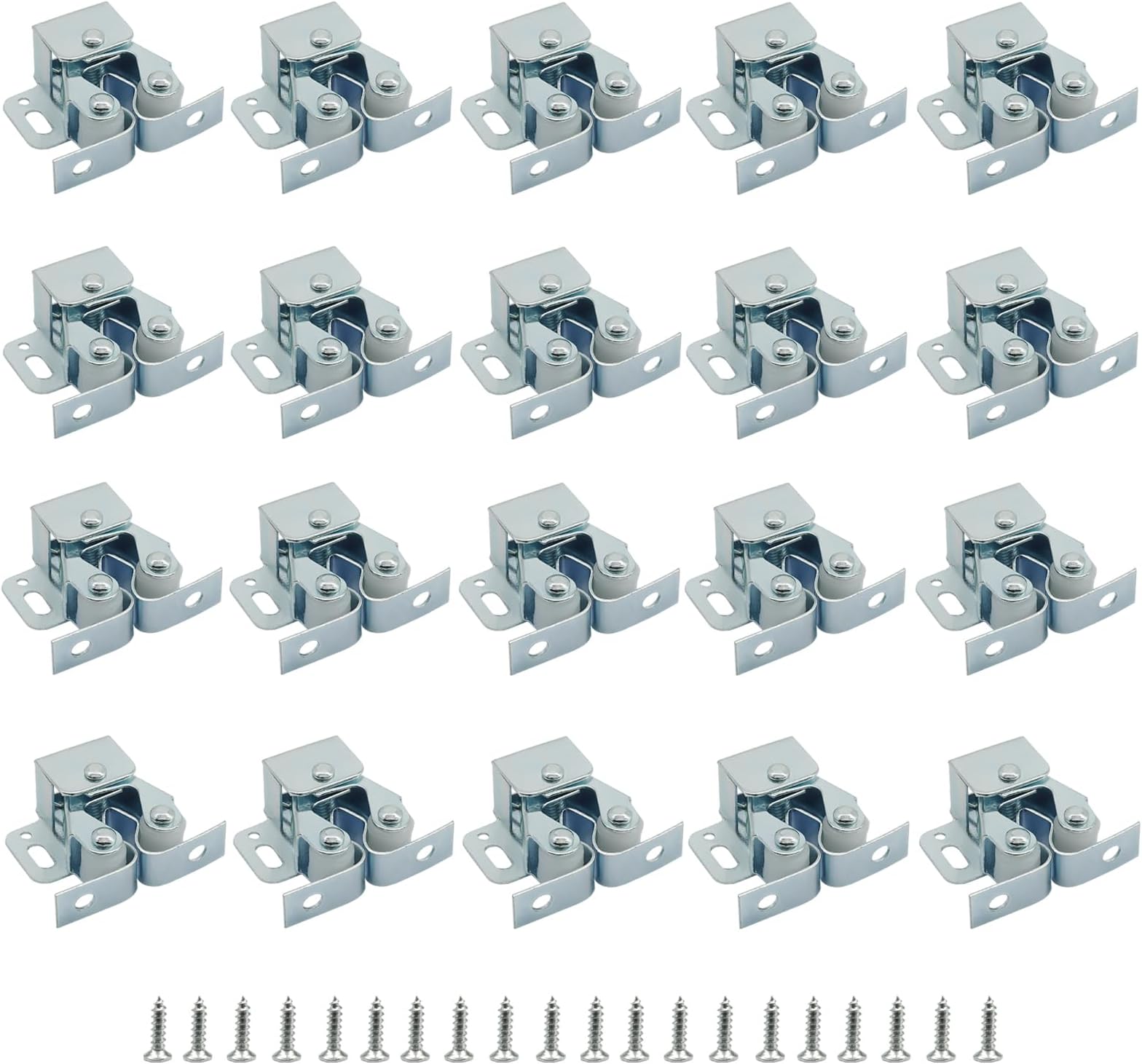 20 Pcs Cabinet Latch Double Roller Catch - Heavy Duty Iron Steel Cabinet Latches with Screws, Silver Finish Roller Catches for Cabinets, Closet Doors, Cupboards & Furniture