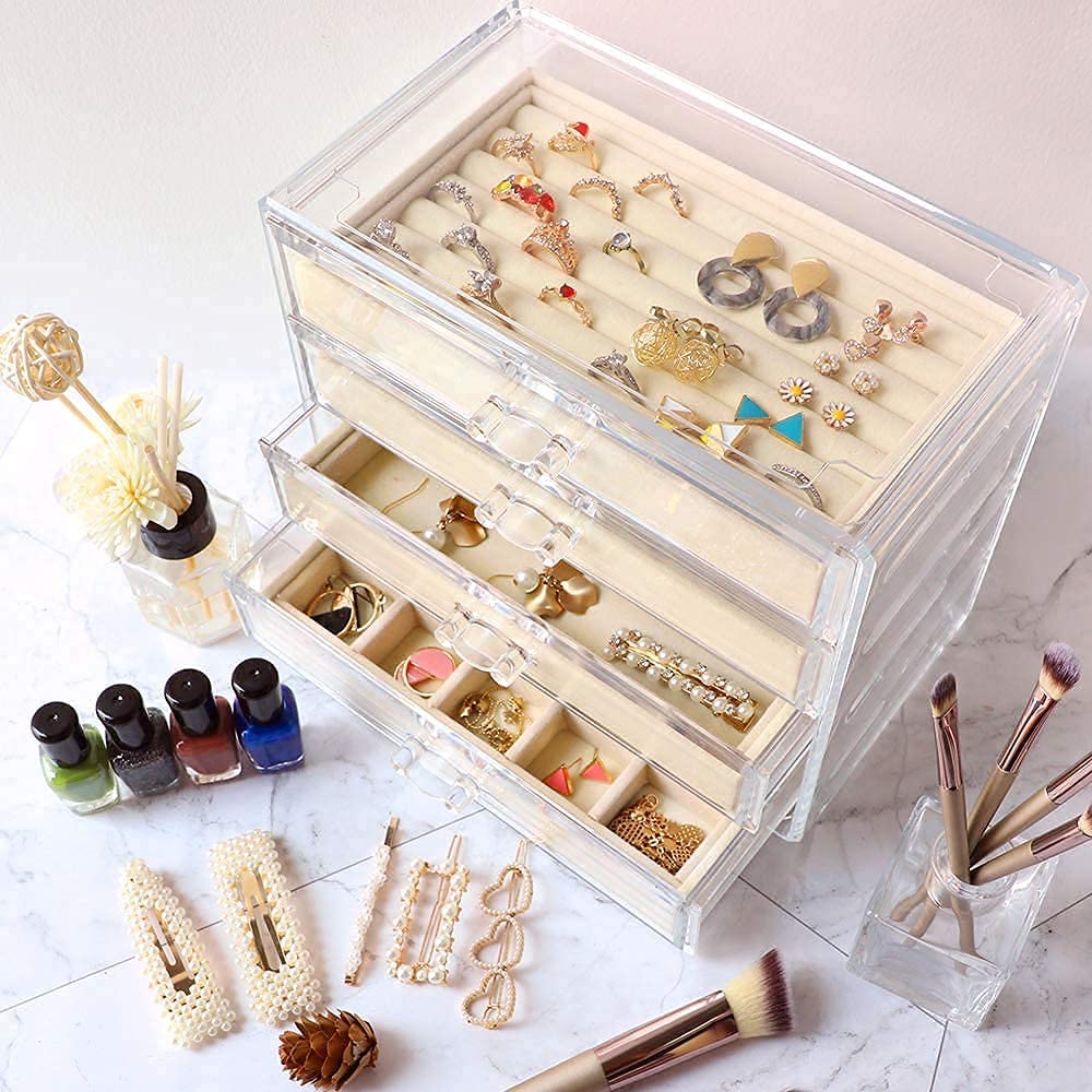 Acrylic with 4 Drawers Velvet Jewellery Storage Box Transparent Jewellery Storage Box for Women (Grey) (Gray) (White) (Beige)