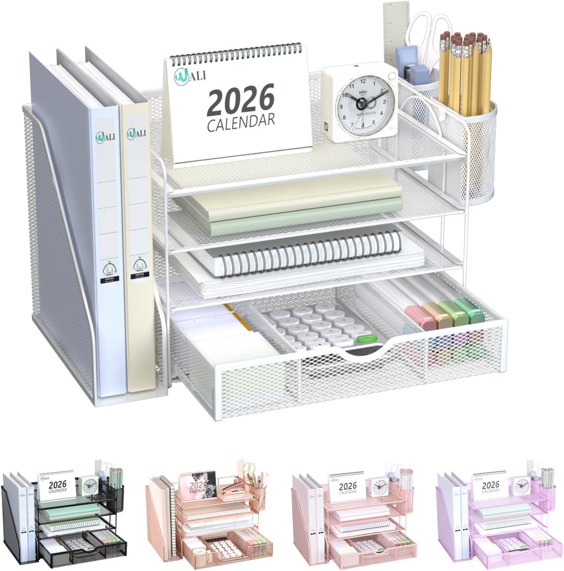Desk File Organizer, 4 Tier Desktop Paper Letter Tray Organizer with Drawer and 2 Pen Holders, Office Desk Accessories & Workspace Organizers for Office, Home Supplies(DO005DH-W), 1 Pack, White
