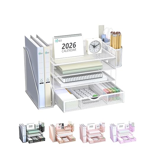 WALI Desk File Organizer, 4 Tier Desktop Paper Letter Tray Organizer with Drawer and 2 Pen Holders, Office Desk Accessories & Workspace Organizers for Office, Home Supplies(DO005DH-W), 1 Pack, White