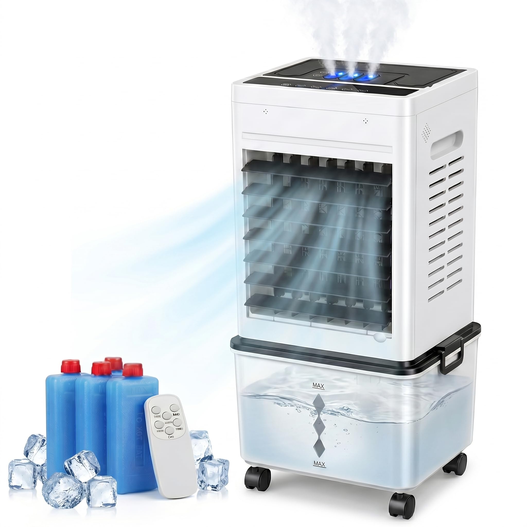 swamp cooler, 4-in-1 portable air conditioners with 6 speeds & remote | evaporative swamp cooler with night light, 24h timer, 2.64 gal (10l) detachable water tank for bedroom office