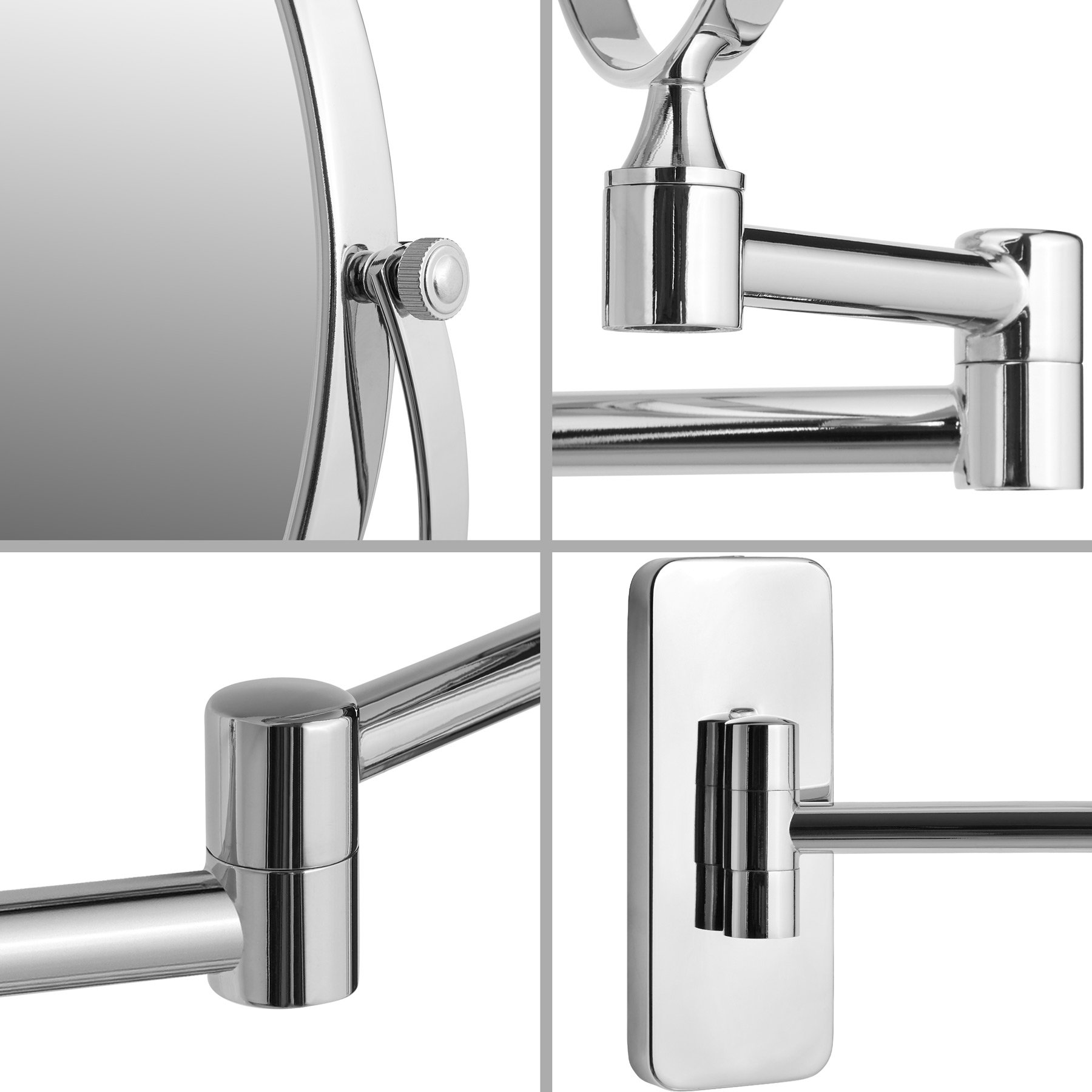 tectake® Specchio per Postazione Trucco ∅ 20 cm, Ingrandimento 7x, Specchio Ingranditore Inclinabile Estensibile a 360° in Acciaio Cromato, per Toeletta, Specchietto Trucchi Donna Bifacciale da Parete