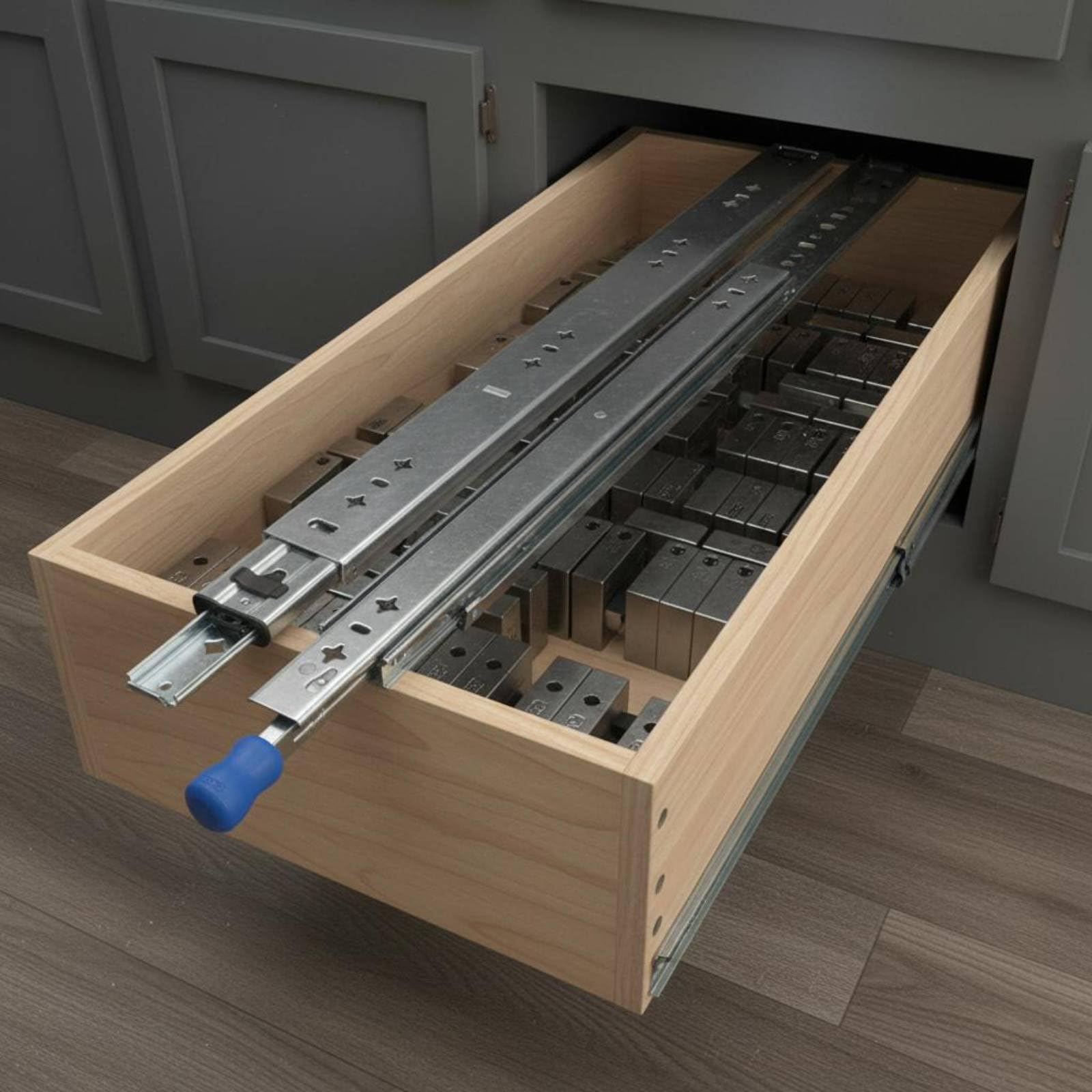 Guías para Cajón Correderas Metálicas Resistentes con Cierre Seguro Rodamiento de Bolas Construcción Acero Adecuadas para Gabinetes Industriales, 50CM, Con Bloqueo