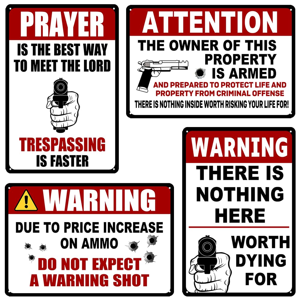 4 Pack Funny No Trespassing Sign Gun Signs No Tresspassing Private Property Metal Tin Signs Warning Signs For Property Warning Signs For Home Funny No Trespassing Signs Private Property 8x12 Inch