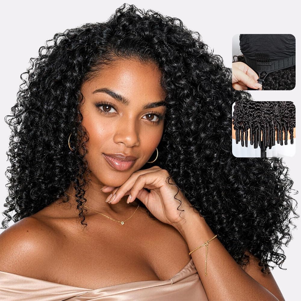 Arabella Burmese Curly Half Wig Human Hair No Glueless with Drawstring Pure Black 16 Inch