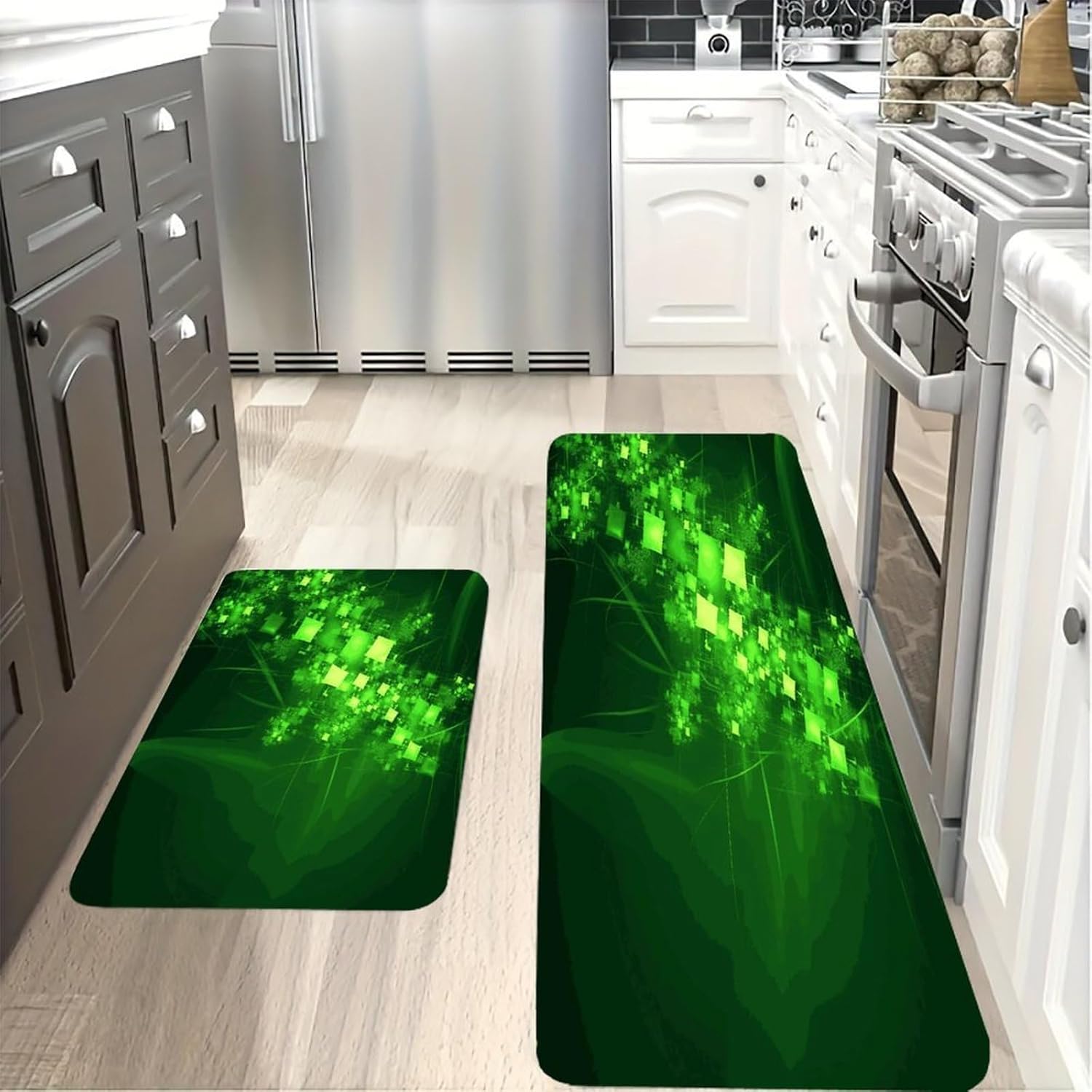 Green Digital Art Kitchen Mats with 2PCS Non-Slip Washable,Kitchen Rug Heavy Duty Durable, Floor Mats for Kitchen,Office,Sink,Laundry