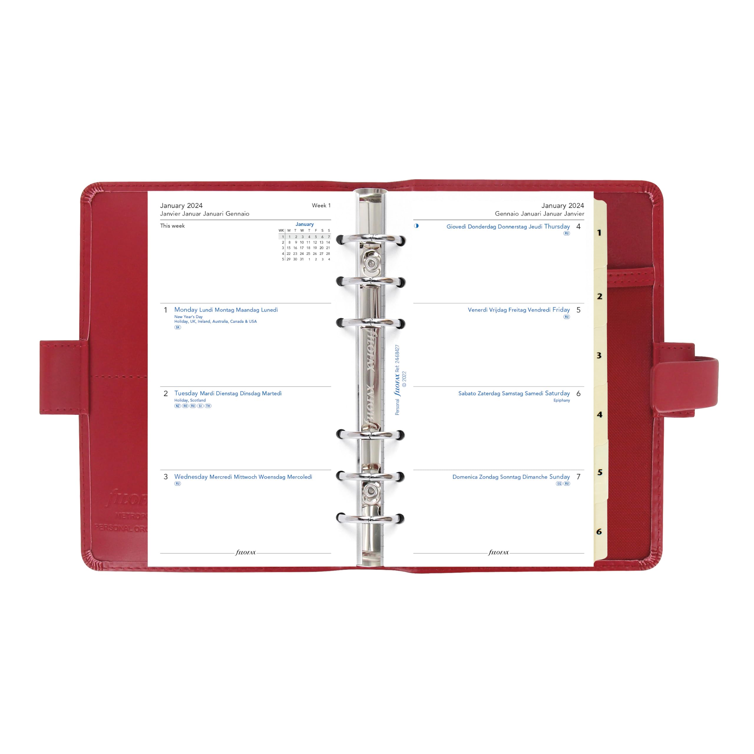 Filofax Metropol Organizer, A5 Size, Red - Leather-Look, Six Rings Week To View Calendar Diary Multilingual 2025 C026972 25