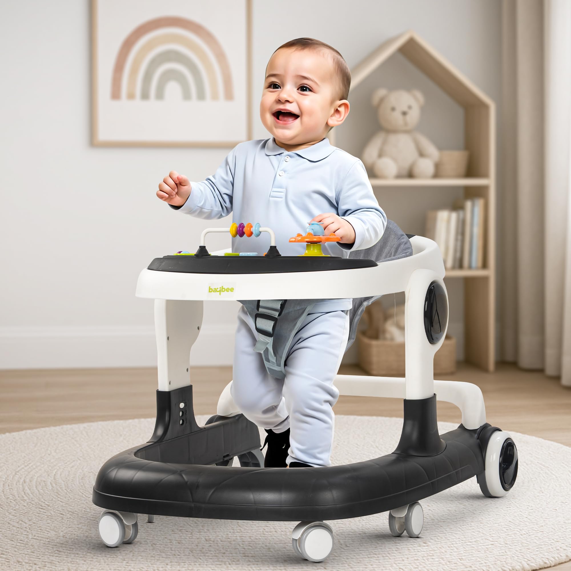 Baybee 2 in 1 Baby Walker for Kids with Adjustable Height & Wheel Lock | Activity Push Walker for Baby with Musical Toy Bar & Stopper | Kids Walker Baby 6-18 Months Boy Girl (Black)