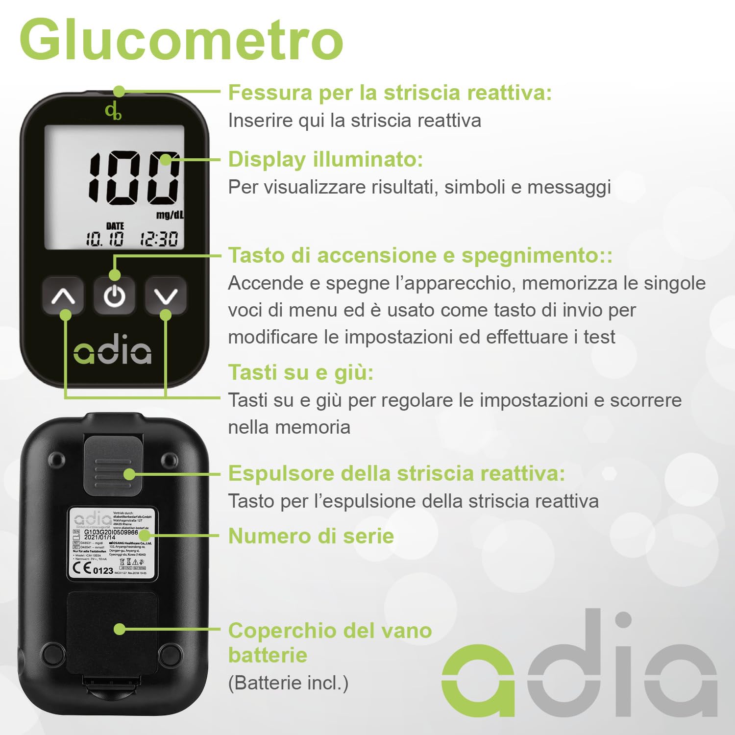 adia glucometro (mg) + 110 strisce per glicemia + 110 lancette, 1 pungidito, 1 astuccio, glicemia misurare kit completo per il monitoraggio della glicemia per diabetici