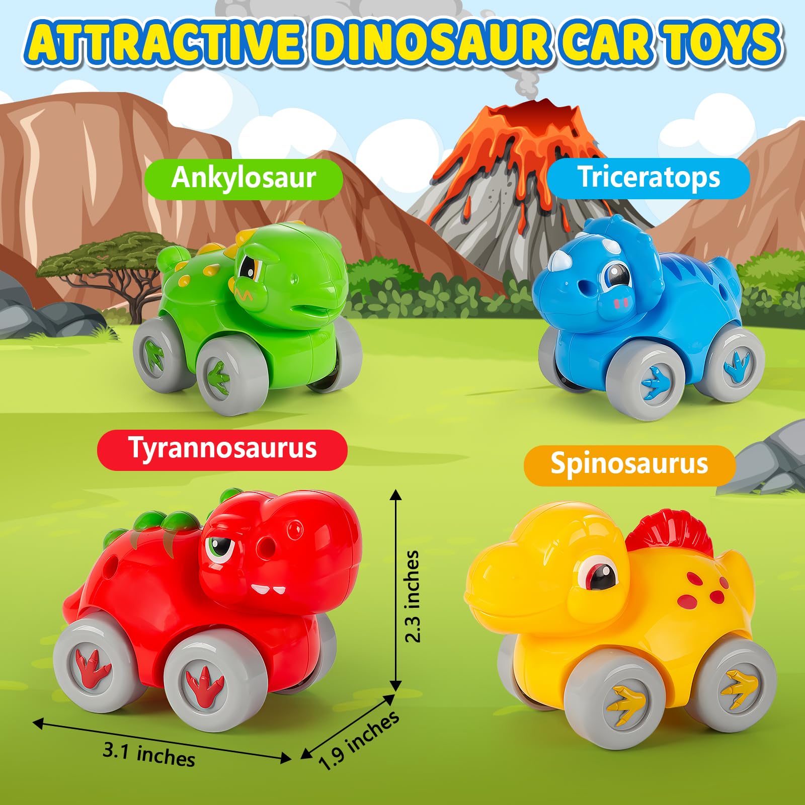 Toys for 1 Year Old Boy and Girl, Race Track for Toddlers 1-3 with 4 Dinosaurs Car Toys for Baby 12-18 Months, First Birthday Gifts for Boys, Educational Slide Toys for Ages 1-2