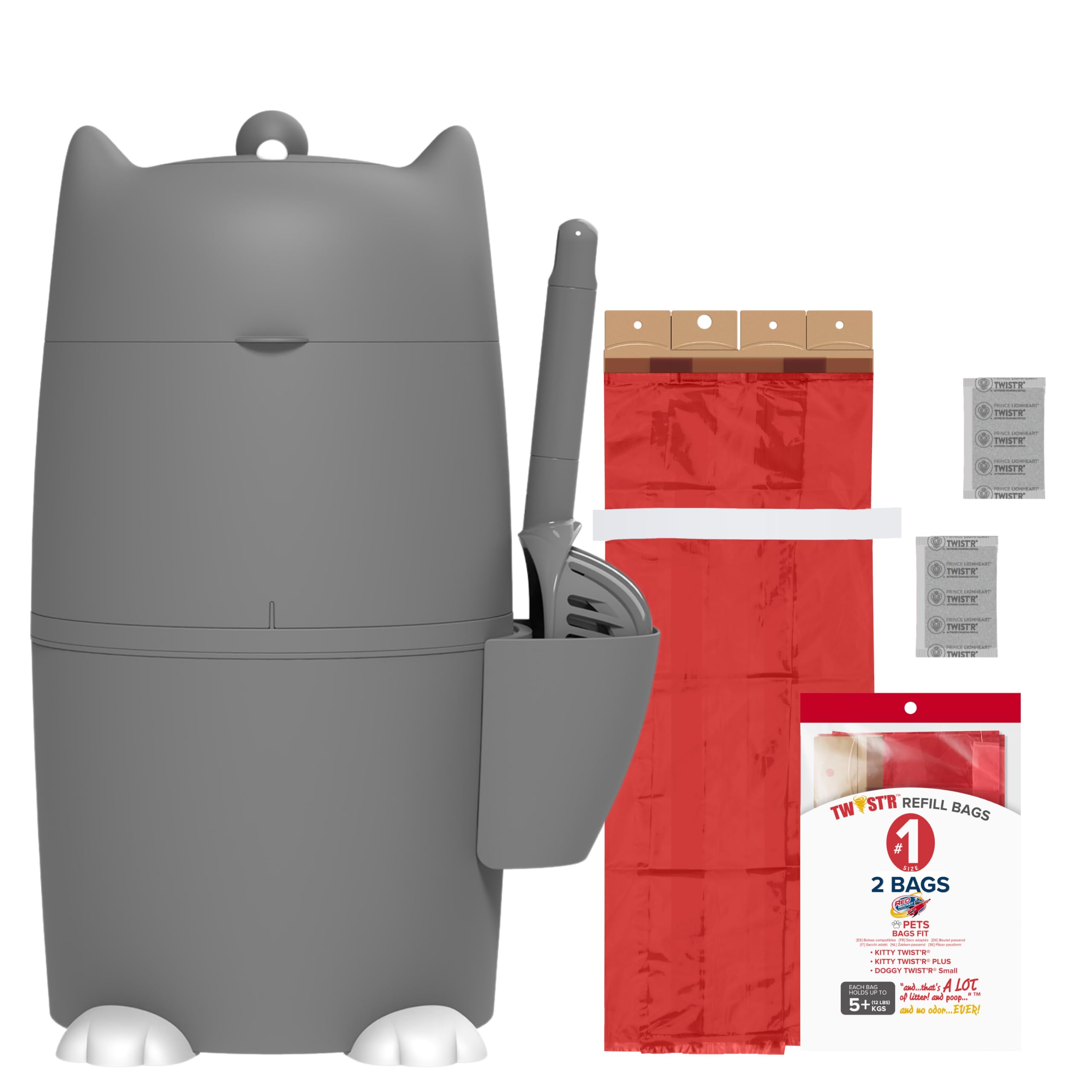 Red Rocket Kitty Twister Plus Katzenstreu-Mülleimer, geruchsneutraler Mülleimer, Müllentsorgungssystem mit Schaufel und 2 Nachfüllbeuteln (grauer Standard)