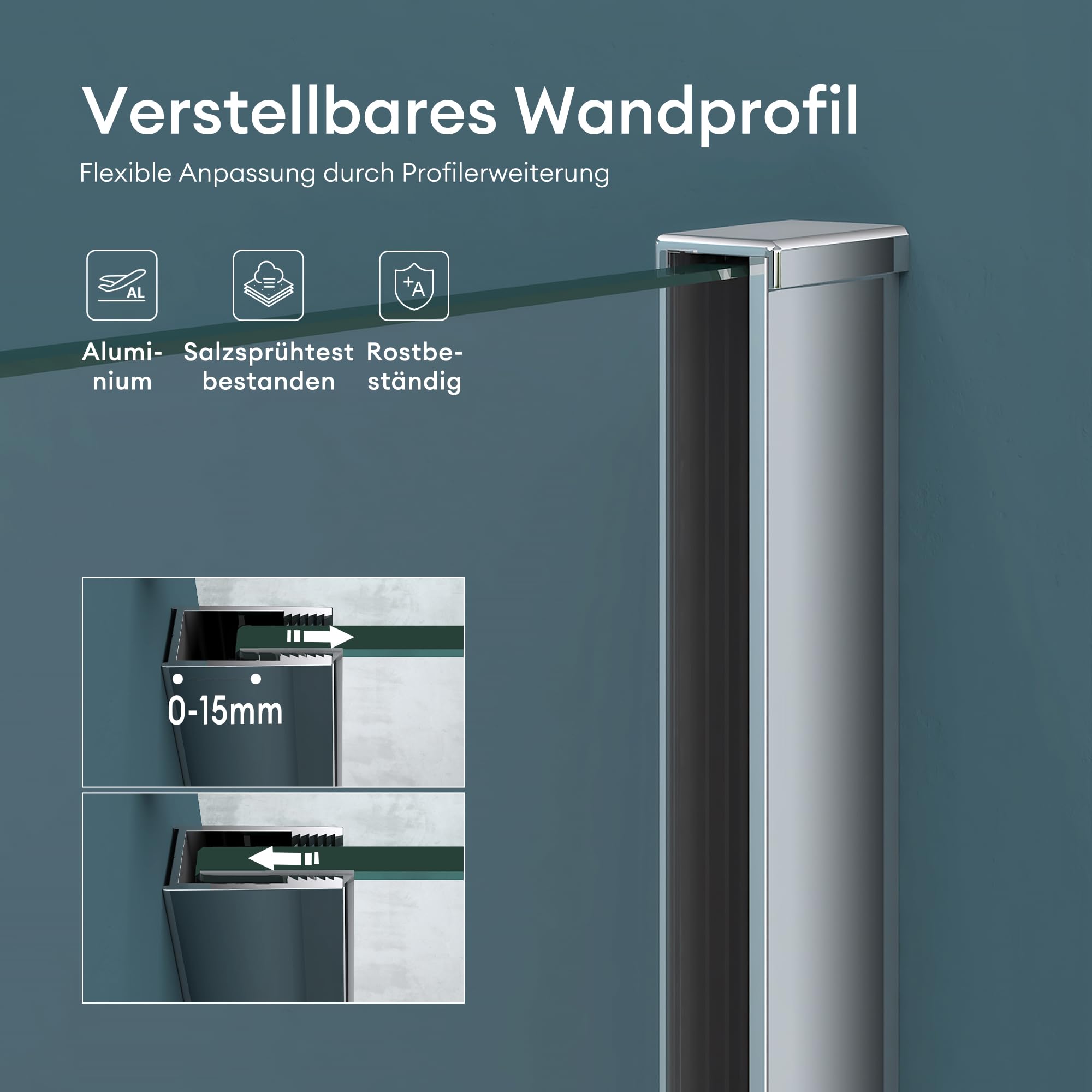 Mai & Mai Duschwand für Dusche Duschabtrennung 140x200cm Walk-In Dusche ESG-Sicherheitsglas 10mm NANO Glas BRAM3 Bremen2K