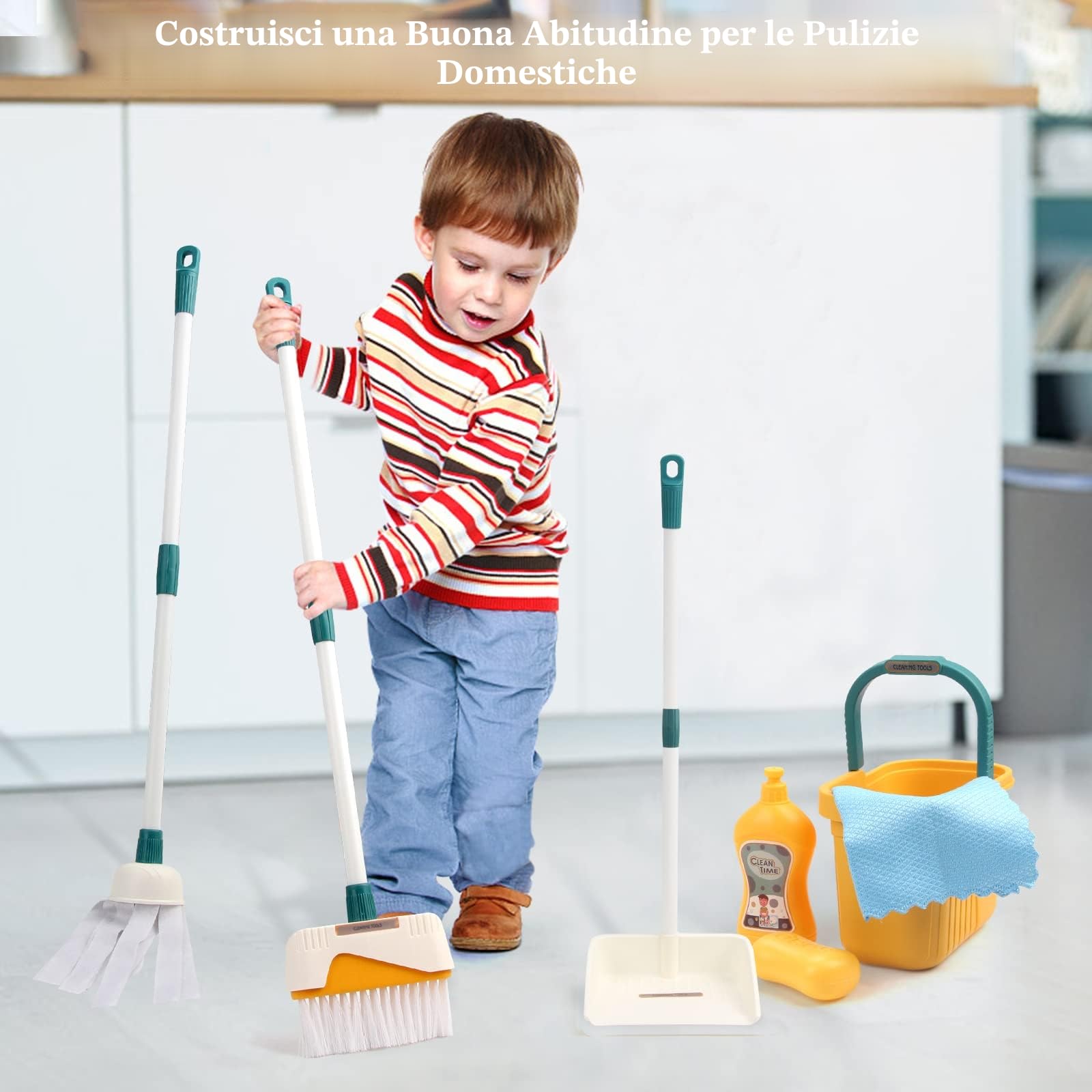 Set Pulizia Bambini Giocattolo 12 Pezzi Scopa Piccola per Bambino