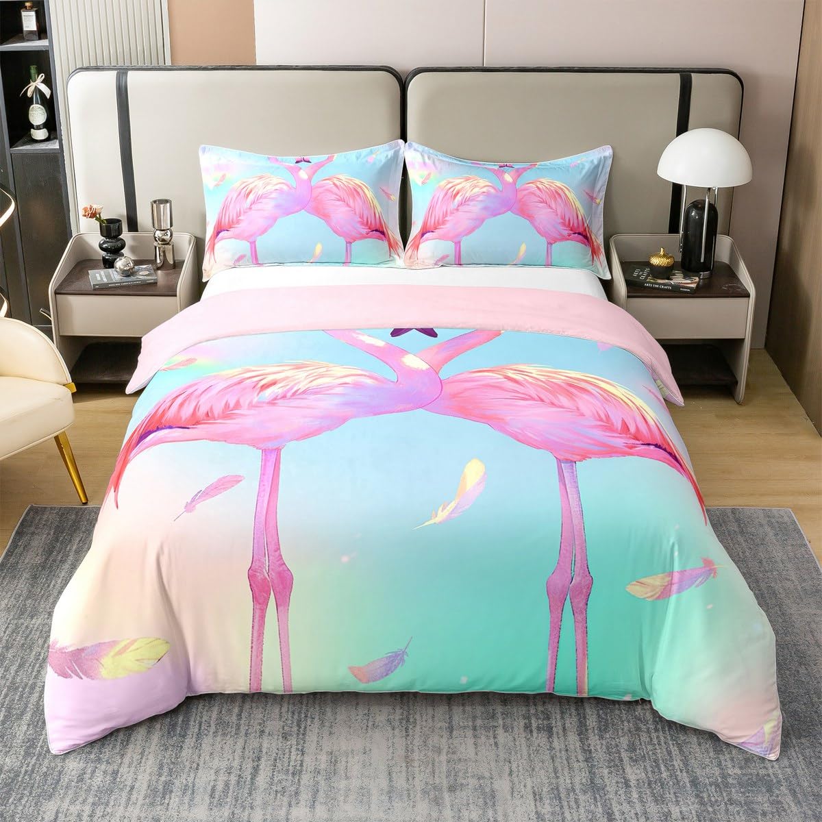 Housse de couette en coton anti transpirante motif flamant rose pour lit simple