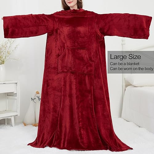 Miniatura 3 de Manta de forro polar con mangas y bolsillo para el pie para adultos, mujeres y hombres, manta ligera de felpa suave para TV con mangas y velcro