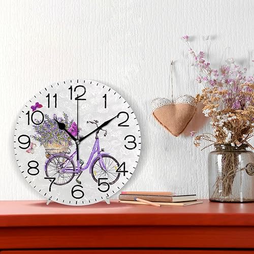 Miniatura 2 de Reloj de pared con diseño de mariposas y flores moradas, color violeta, funciona con pilas, sin tictac, de cuarzo silencioso, analógico, rústico,