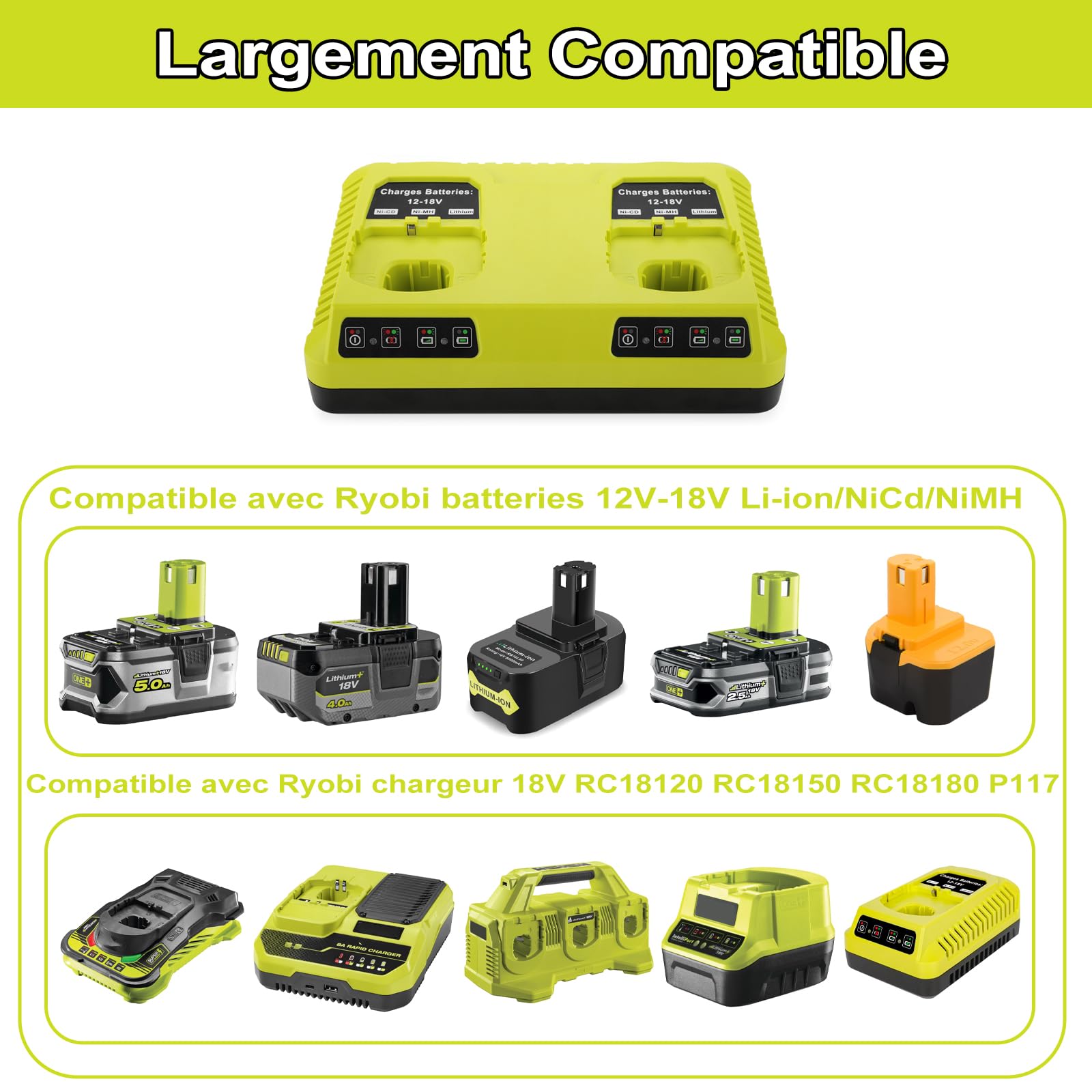 ENERGUP P117 Chargeur pour Ryobi Batterie 18V One+ P108 P107 P104 P105 P102 P103 P117 P118 pour Ryobi Chargeur Batterie Li-ION/Ni-Mh/Ni-CD