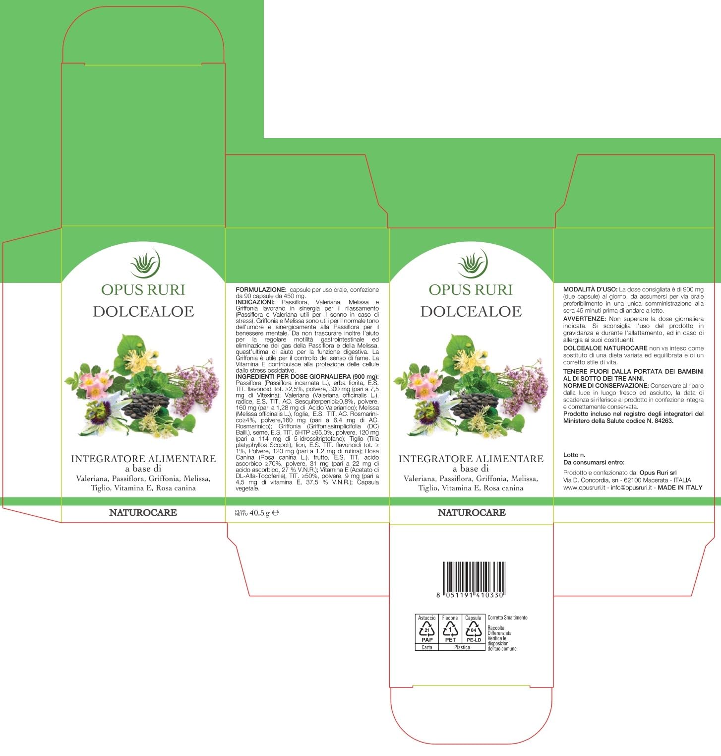 OPUS RURI DolceAloe – Integratore Alimentare con Passiflora, Valeriana, Melissa, Griffonia e Vitamina E - 90 Capsule Vegetali - Integratore Sonno e Benessere Mentale - Made in Italy